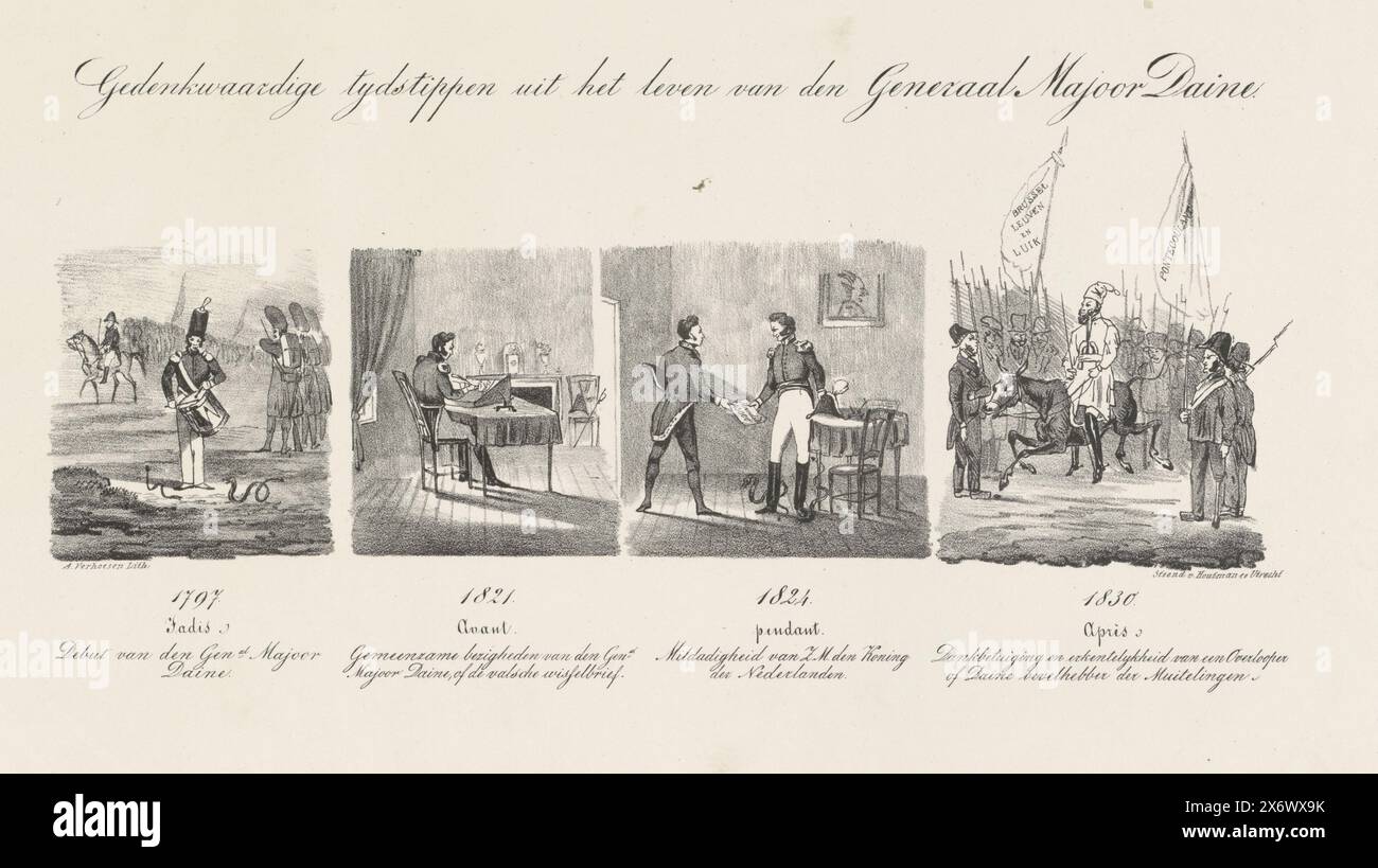 Cartoon on General Daine, 1830–1831, Memorable Moments in the Life of Major General Daine (Titel über Objekt), Cartoon on General Daine, 1830–1831. Blatt mit vier Ereignissen aus dem Leben des niederländischen Generals 1797 (Jadis: Debüt als Schlagzeuger), 1821 (Avant: Autor der falschen Rechnungen), 1824 (Anhänger: Vergebung von König Willem I.) und 1830 (Après: Überfall zur belgischen Armee). In der letzten Darstellung von Daine als Kommandeur der belgischen Meuterer, Jambe de bois im rechten Vordergrund. Siehe auch den Anhänger., Druck, Druckerei: Albertus Verhoesen, (auf dem Objekt erwähnt), Drucker: Johannes Paulus Stockfoto