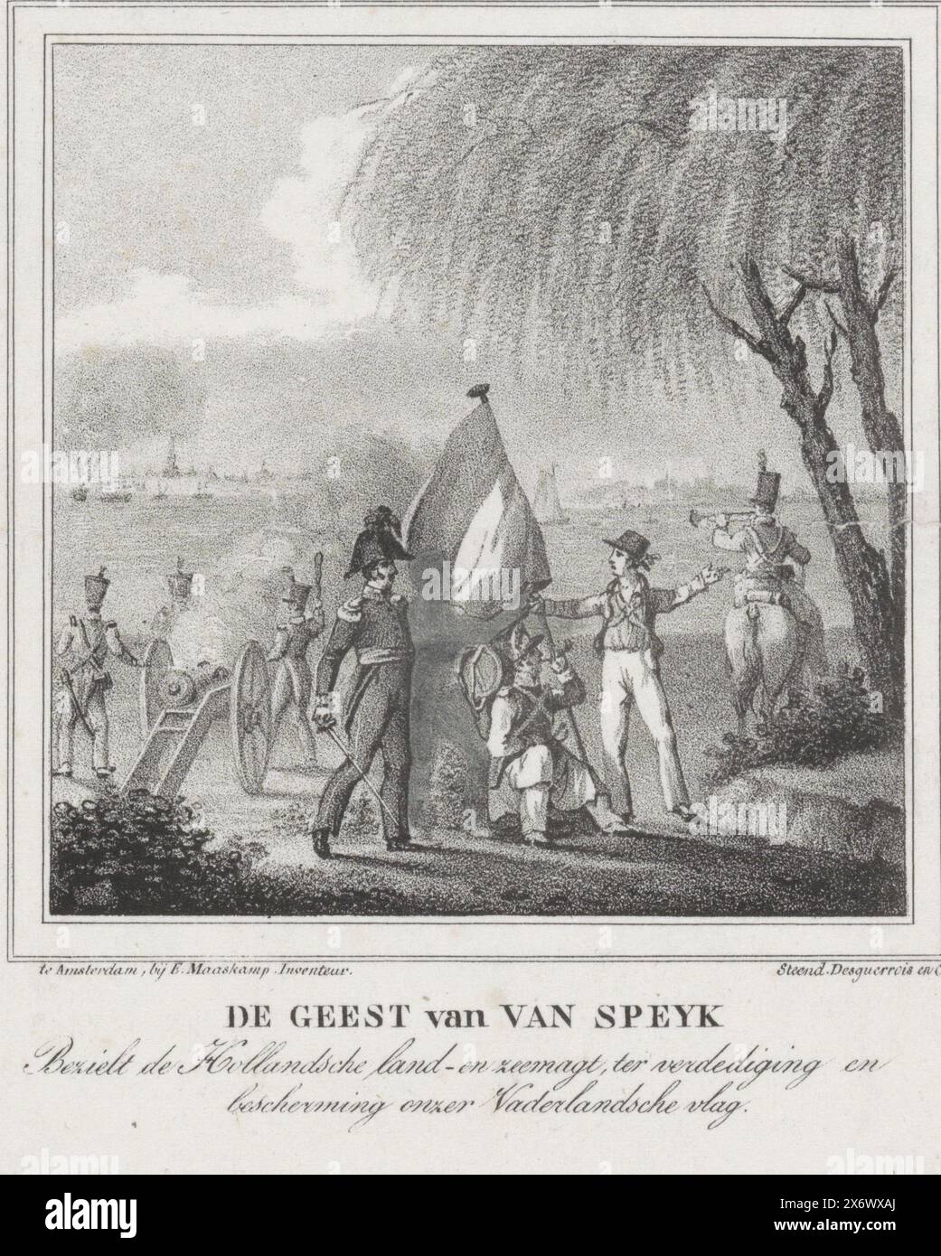 Der Geist von Jan van Speijk, 1831, der Geist von Van Speyk inspiriert die niederländischen Land- und Seestreitkräfte, unsere niederländische Flagge (Titel auf Objekt) zu verteidigen und zu schützen, verschiedene Soldaten in einer Landschaft. Im Raum zwischen den Figuren ist die verborgene Figur von Jan van Speijk zu erkennen. In der Ferne der Sprung in die Luft von Jan van Speijks Kanonenboot auf der Schelde bei Antwerpen am 5. Februar 1831., Druck, Druckerei: Roelof van der Meulen, nach Entwurf: Evert Maaskamp, (erwähnt auf Objekt), Drucker: Desguerrois & Co., (erwähnt auf Objekt), nach Entwurf: Niederlande, Drucker: Amsterdam Stockfoto