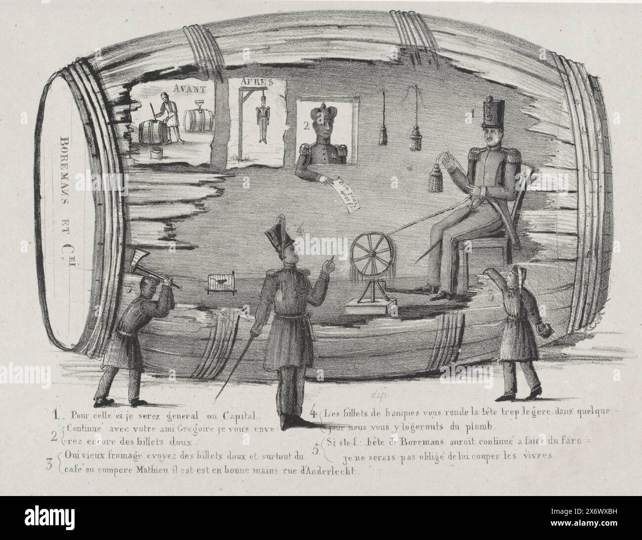 Cartoon on Colonel Borremans, 1831, Cartoon on Colonel Borremans, ein ehemaliger Brauer, der vergeblich versuchte, im März 1831 eine Konterrevolution zugunsten des Prinzen von Orange herbeizuführen. Colonel Borremans sitzt am sich drehenden Rad und macht Bürsten in einem großen Holzfass. Durch ein Fenster erhält er eine Rechnung über 4.000 Gulden von König Wilhelm I. an der Wand hängen zwei Bilder von Borremans als Brauer (Avant) und hängen am Galgen (Apres). Vor dem Fass steht der orangenistische Verbündete Gregoire. Im Untertitel die Legende 1-5., Print, Printmaker: Anonym, Belgien, 1831, Papier, Höhe Stockfoto