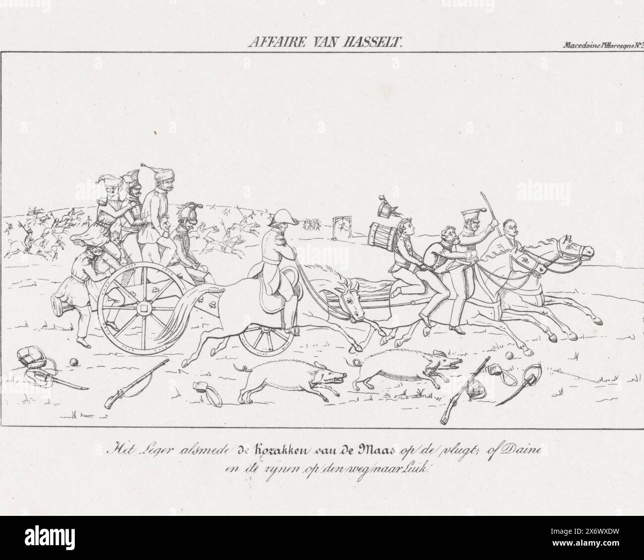 Belgische Armee auf der Flucht, 1831, Affäre von Hasselt, Armee und Kosaken der Maas auf der Flucht; oder Daine und seine Gefährten auf der Straße nach Lüttich (Titel auf Objekt), Cartoon über die Flucht der belgischen Armee nach dem Verlust in der Schlacht von Hasselt am 8. August 1831. General Daine flieht mit seinen Männern und zwei Schweinen., Druckerei: Anonym, Niederlande, 1831, Papier, Höhe, 260 mm x Breite, 348 mm Stockfoto