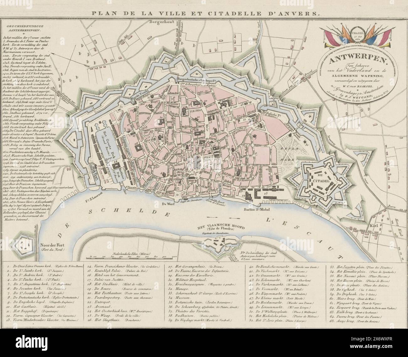 Karte von Antwerpen mit der Zitadelle, 1831, Plan de la Ville et Citadelle d'Anvers (Titel auf dem Objekt), Karte der Stadt Antwerpen, mit der Zitadelle auf der rechten Seite, 1831. Links eine Liste der wichtigsten Ereignisse der Stadt, unten die Legende 1-65. Oben rechts eine Kartusche mit der Aufschrift „zum Wohle des Vaterlandes und der General Armament ...“ und „Chassé. Oct 27 1830.", Print, Druckerei: Willem Cornelis van Baarsel, (erwähnt auf Objekt), Verlag: Joseph Weygand, (erwähnt auf Objekt), Druckerei: Niederlande, Verlag: Amsterdam, 1831, Papier, Ätzen Stockfoto