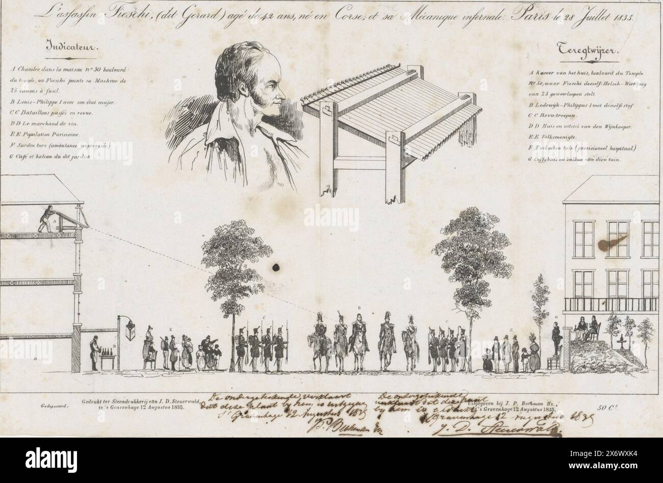 Angriff von Giuseppe Marco Fieschi und seiner höllischen Maschine auf den französischen König Louis Philippe, 1835, L’Assassin Fieschi, (dieser Gerard), 42 Jahre (...) und sa Mécanique infernale. Paris le 28 Juillet 1835, Attentat auf das Leben des französischen Königs Louis Philippe in Paris durch den korsischen Giuseppe Marco Fieschi und seine höllische Maschine, 28. Juni 1835. Oben ein Porträt von Fieschi neben seiner Maschine, auf dem 25 Kanonenfässer bestätigt waren. Darunter befindet sich eine schematische Darstellung des Hauses, von dem Fieschi seinen Maschinenfeuer auf den französischen König und seine Gefolgsleute hatte. Links Stockfoto