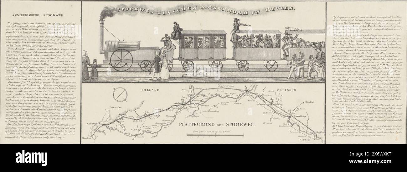 Plan für eine Eisenbahnstrecke zwischen Amsterdam und Köln, 1834, Eisenbahnstrecke zwischen Amsterdam und Köln (Titel auf Objekt), Plan für den Bau einer Eisenbahnstrecke zwischen Amsterdam und Köln durch Oberstleutnant William Archibald Bake (mit A. Willink und D. Borski), 21. August 1834. Oben ein Bild einer primitiven Dampflokomotive mit zwei Personenwagen und einem Viehwagen. Darunter befindet sich eine Karte des Verlaufs der geplanten Bahnstrecke. Diese Kopie mit den beidseitigen Begleittexten., Druck, Druckerei: Anonym, Niederlande, 1834, Papier, Höhe, 224 mm x Breite, 486 mm Stockfoto