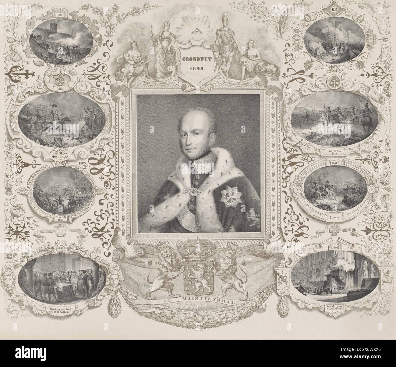 Allegory on the Thron of King Wilhelm II., 1840, Constitution 1840 (Titel zum Gegenstand), Allegory on the Thron of King Willem II., 1840. In der Mitte ein Porträt des Königs im königlichen Mantel mit dem großen Kreuz des Militärordens von Wilhelm. Links und rechts, in einem ornamentalen Rahmen, acht Darstellungen wichtiger Ereignisse im Leben Willems II. Aus den Jahren 1812-1840. Oben eine allegorische Darstellung mit einem Schild mit der Konstitution von 1840, unten das Wappen des Königs. Siehe auch Anhänger., Druck, Druckerei: Hilmar Johannes Backer, ( Stockfoto