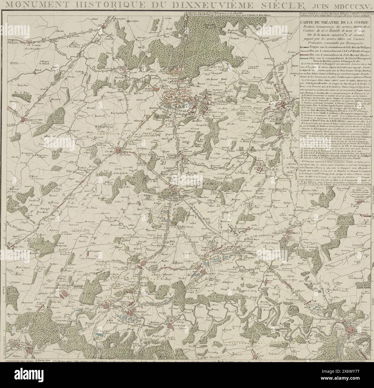 Karte der Schlachten bei und um Waterloo, 1815, Monument Historique du Dixneuvième Siècle, Juin MDCCCXV (Titel auf Objekt), Carte du Théatre de la Guerre, Positionen und Bewegungen des armées, Attacks du 15, Combattats du 16. Et Bataille de Mont St. Jean, dite de la Belle-Alliance, le 18 suivant, gagnée par les armées Alliées sur l’armée Francaise, Commandée par Buonaparte (Titel auf Objekt), Karte des Gebiets, in dem die Schlachten von Quatre-Bras und Waterloo ausgetragen wurden, 15.-18. Juni 1815. Karte mit den Positionen der verschiedenen Armeen. Titel und Legende oben rechts. Im Folgenden finden Sie eine Übersicht über den Stockfoto