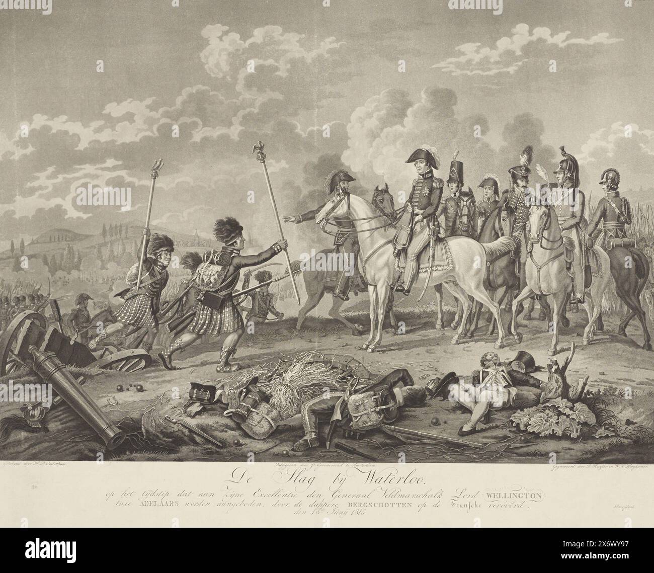 Die Schlacht von Waterloo. Zu der Zeit, als seine Exzellenz, General Field Marshal Lord Wellington, zwei Adler präsentiert wird, die von den tapferen Mountain Scots von den Franzosen gefangen genommen wurden. Am 18. Juni 1815 erhält der Duke of Wellington von einigen schottischen Soldaten die beiden Standards mit Adlern (ohne Banner), die während der Schlacht von Waterloo am 18. Juni 1815 von den Franzosen gefangen genommen wurden. In der Mitte der Herzog auf einem weißen Pferd, umgeben von seinem Stab. Im Vordergrund liegen einige gefallene Soldaten. Siehe auch Designzeichnung und Anhänger., Druck, Druckerei: Dirk Jurriaan Sluyter, ( Stockfoto