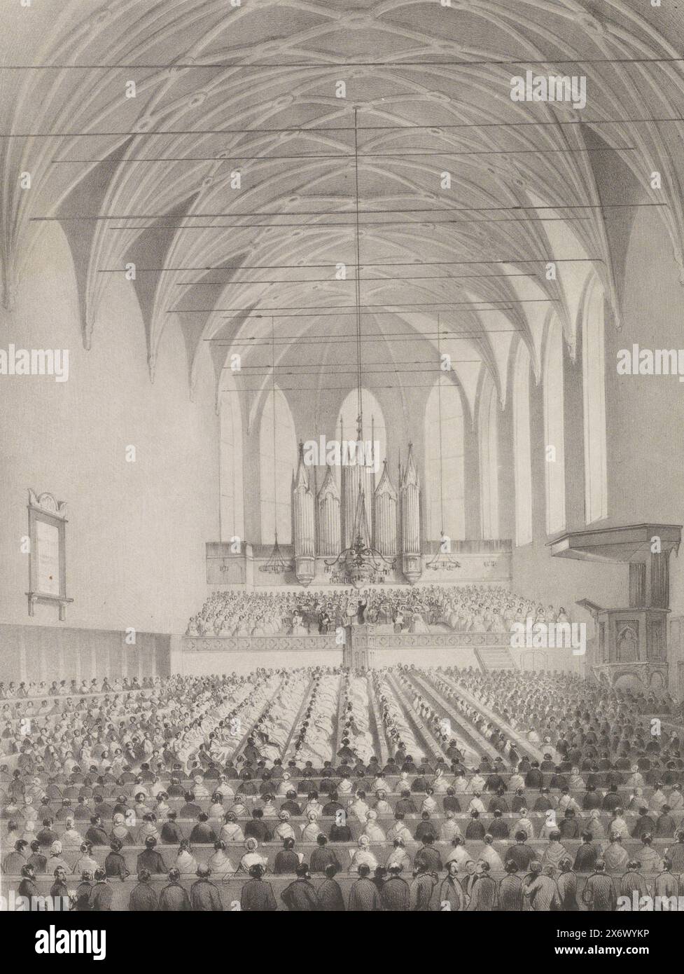 6. Und 7. Juni 1861 in Middelburg (Titel über Objekt), Blick in der Koorkerk in Middelburg, wo das 6. Zeeland Music Festival stattfindet, 6-7. Juni 1861. Unter der Orgel leitet der Dirigent ein Orchester und einen Chor . Zuschauerreihen im Vordergrund., Druck, Druckerei: Anonym, Drucker: Emrik & Binger, (auf dem Objekt erwähnt), Druckerei: Niederlande, Drucker: Haarlem, 1861, Papier, Höhe, 565 mm x Breite, 477 mm Stockfoto