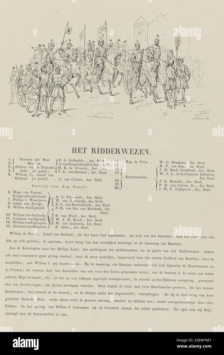 Utrechter Maskerade von 1851: Christendom, 719, Het Christendom (Titel über Objekt), Skizze, Erklärung und Erklärung der Maskerade (Serie Titel über Objekt), Episode aus der Christianisierung der Niederlande, 719. Mit Legende 1-17 mit den Namen der Schüler und darunter ein Text über die vorgeschlagene Veranstaltung. Teil des Booklet mit acht reduzierten Darstellungen der acht Drucke in der Serie der Maskerade der Utrechter Studenten, 25. Juni 1851. Die Maskerade zeigt acht Episoden der Nationalgeschichte in Szenen., Druck, Druckerei: F.W. Boom, (auf dem Objekt erwähnt), Utrecht Stockfoto