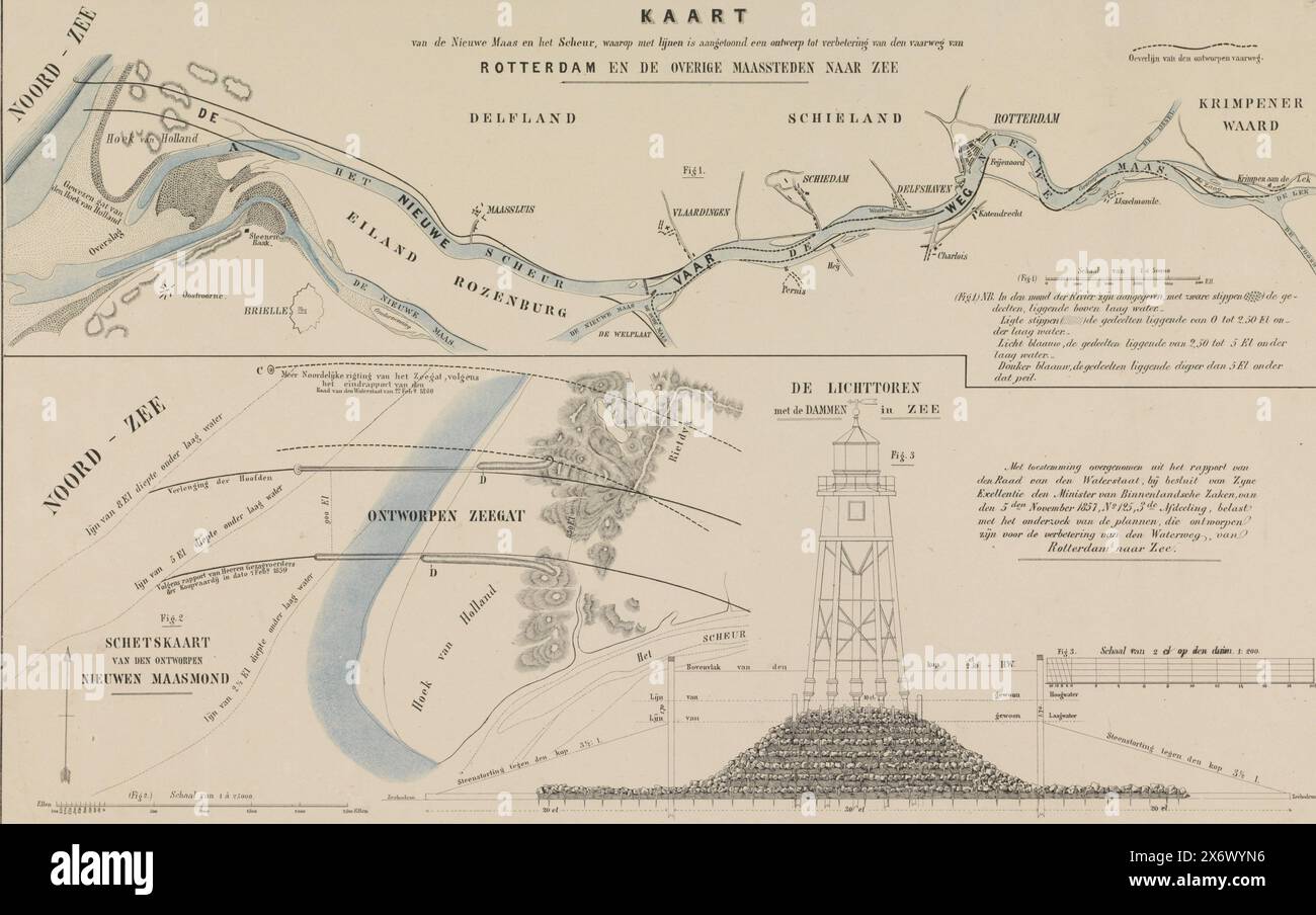 Karte der Nieuwe Maas und ein Entwurf zur Verbesserung der Wasserstraße, 1863, Karte der Nieuwe Maas und des Scheur, auf der Linien ein Entwurf zur Verbesserung der Wasserstraße von Rotterdam und den anderen Maas Städten zum Meer zeigen, Sketch Map des entworfenen Nieuwen Maasmond (Titel auf Objekt), Blatt mit zwei Karten, 1863. Oben eine Karte des Verlaufs der Nieuwe Maas entlang Rotterdam bis zum Meer. Unten eine detaillierte Karte mit einem Design für einen neuen, verbesserten Gezeiteneinlass. Auf dieser Karte rechts ein Leuchtturm und eine Meeresmauer im Querschnitt. Die Karte wird mit einer separaten Erklärung geliefert., Print, Print Maker Stockfoto