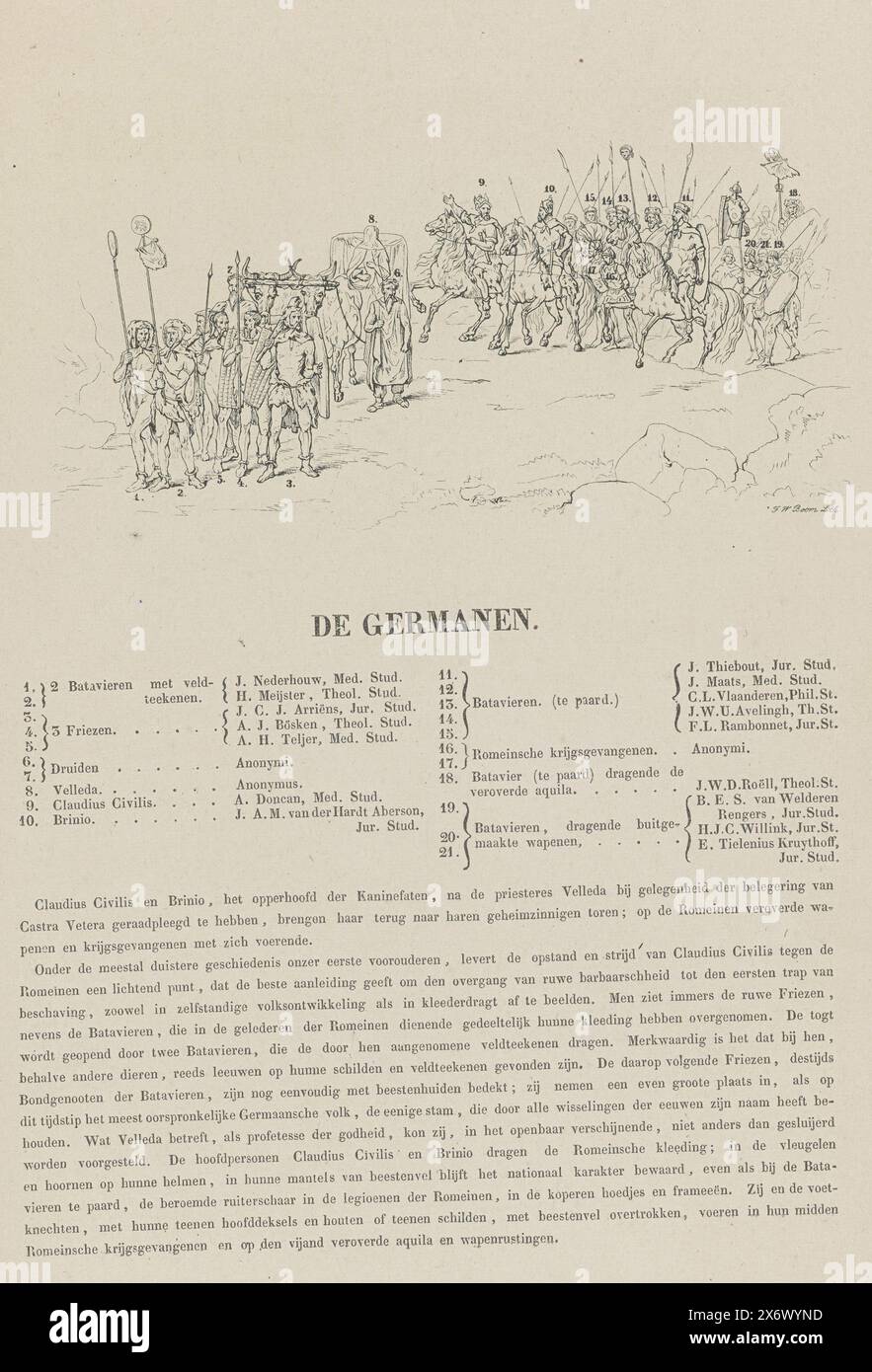 Utrechter Maskerade von 1851: Deutsche, 70 n. Chr. Chr., die Deutschen (Titel auf Objekt), Skizze, Erklärung und Erklärung der Maskerade (Serientitel auf Objekt), Prozession eines germanischen Stammes, im Jahr 70 n. Chr. Mit Legende 1-21 mit den Namen der Schüler und darunter ein Text über die vorgeschlagene Veranstaltung. Teil des Booklet mit acht reduzierten Darstellungen der acht Drucke in der Serie der Maskerade der Utrechter Studenten, 25. Juni 1851. Die Maskerade zeigt acht Episoden der Nationalgeschichte in Szenen., Druck, Druckerei: F.W. Boom, (auf dem Objekt erwähnt), Utrecht, 1851 Stockfoto