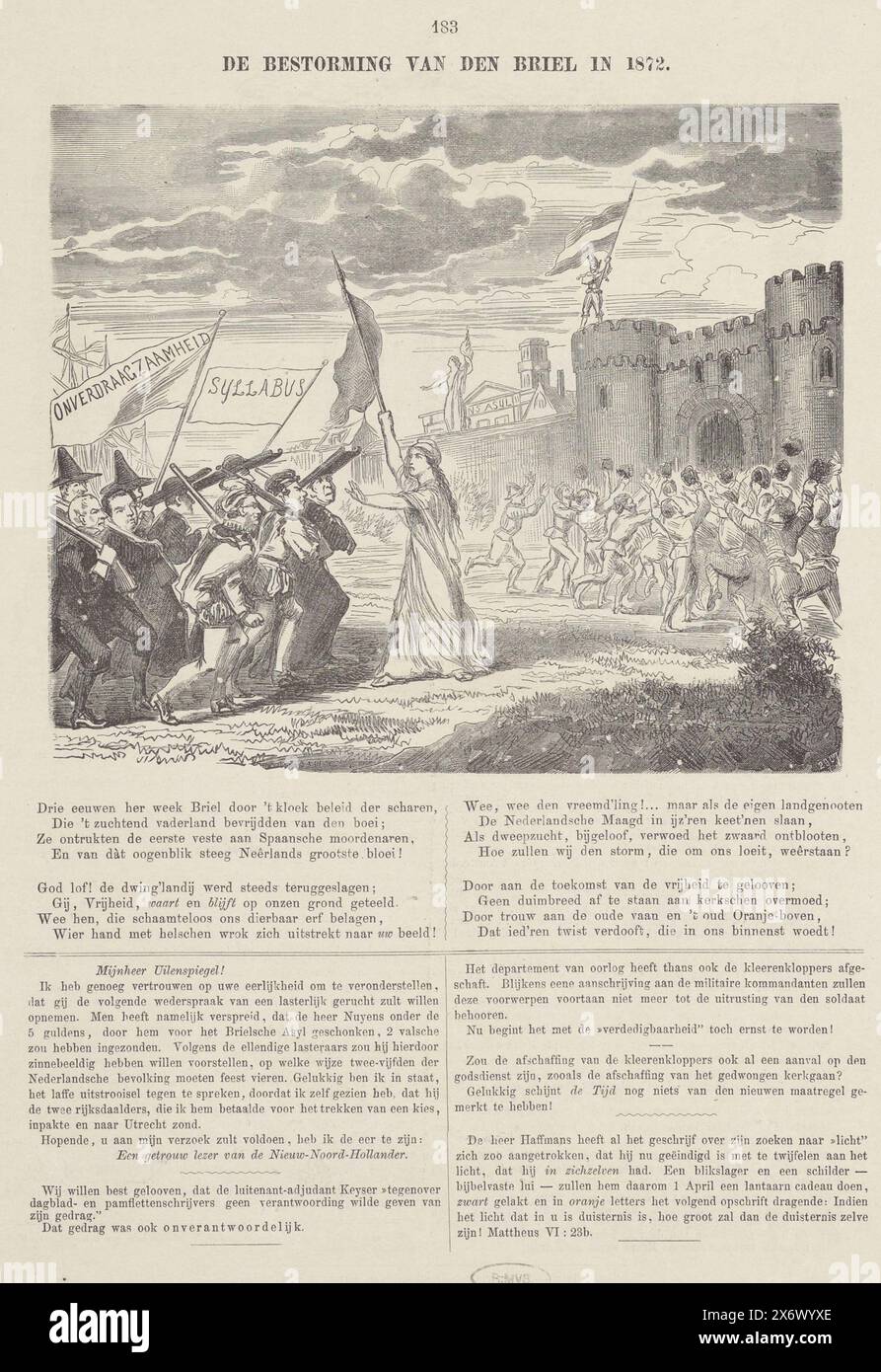 Der Sturm auf den Briel 1872 (Titel über Objekt), Cartoon mit der Eroberung von den Briel am 1. April 1572 auf der rechten Seite. Im linken Vordergrund befindet sich eine Gruppe von Männern (Politikern) aus dem Jahr 1872 mit Bannern mit den Aufschriften 'Intoleranz' und 'Syllabus', die von der niederländischen Jungfrau gestoppt wurden. Unter der Szene befinden sich vier vierzeilige Verse Stockfoto