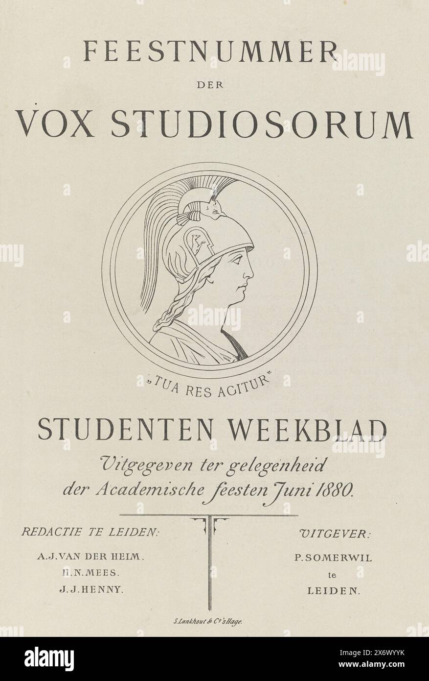 Parteiausgabe des Vox Studiosorum, Studentenwoche, veröffentlicht anlässlich der akademischen Festlichkeiten Juni 1880 (Titel über Objekt), Kopie der Wochenzeitschrift Vox Studiosorum, die Studentenwoche erschien anlässlich der akademischen Feierlichkeiten während der Feier des 61. Lustrums der Hochschule Leidsche am 22. Juni 1880. Drei gefaltete Blätter mit verschiedenen Zeichnungen, Versen, Botschaften usw. auf der Innenseite. Auf der Vorderseite der Titel und ein Medaillon mit Minerva., Druck, Drucker: Samuel Lankhout & Co, (auf dem Objekt erwähnt), den Haag, 1880, Papier, Höhe, 337 mm x Breite Stockfoto