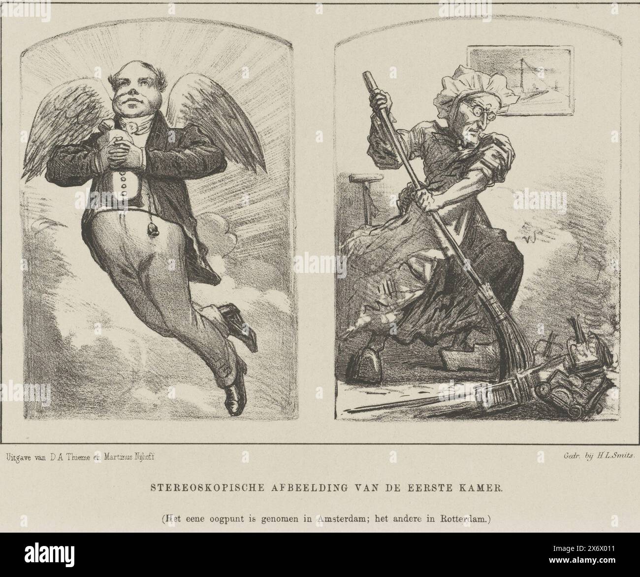 Cartoon on Politics in the Senate, 1860, Stereoskopisches Bild des Senats (Titel on Object), Cartoon on Political Decision decisions in the Senate. Links steigt ein geflügelter Geschäftsmann in den Himmel, rechts fegt eine alte Haushälterin die Bahn aus dem Zimmer. Platte veröffentlicht im Wochenmagazin de Nederlandsche Spectator, Nr. 7, 18. Februar 1860., Druck, Druckerei: Johan Michaël Schmidt Crans, Drucker: H.L. Smits, (erwähnt auf Objekt), Verlag: Dirk Anthonie Thieme, (erwähnt auf Objekt), Druckerei: Niederlande, Drucker: Niederlande, Verlag: Arnhem, Herausgeber: den Haag Stockfoto