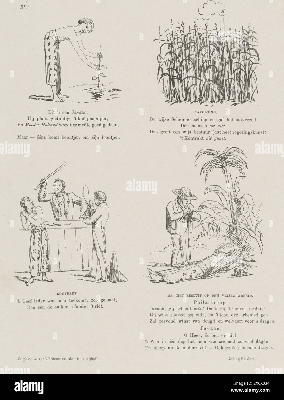 Cartoon on the Cultural Contracts in the East Indies, 1861, Cartoon on the Cultural Contracts and Free Work on Java. Vier Darstellungen vom Anpflanzen einer Kaffeepflanze, von Zuckerrohr und Zuckerfabrik, von Auszahlung und Bestrafung und von einem ruhenden Javaner. Platte veröffentlicht im Wochenmagazin de Nederlandsche Spectator, Nr. 2, 12. Januar 1861., Druck, Druckerei: Johan Michaël Schmidt Crans, Drucker: H.L. Smits, (erwähnt auf Objekt), Verlag: Dirk Anthonie Thieme, (erwähnt auf Objekt), Druckerei: Niederlande, Drucker: Niederlande, Verlag: Arnhem, Verlag: the Haag, 1861, Zeitung Stockfoto