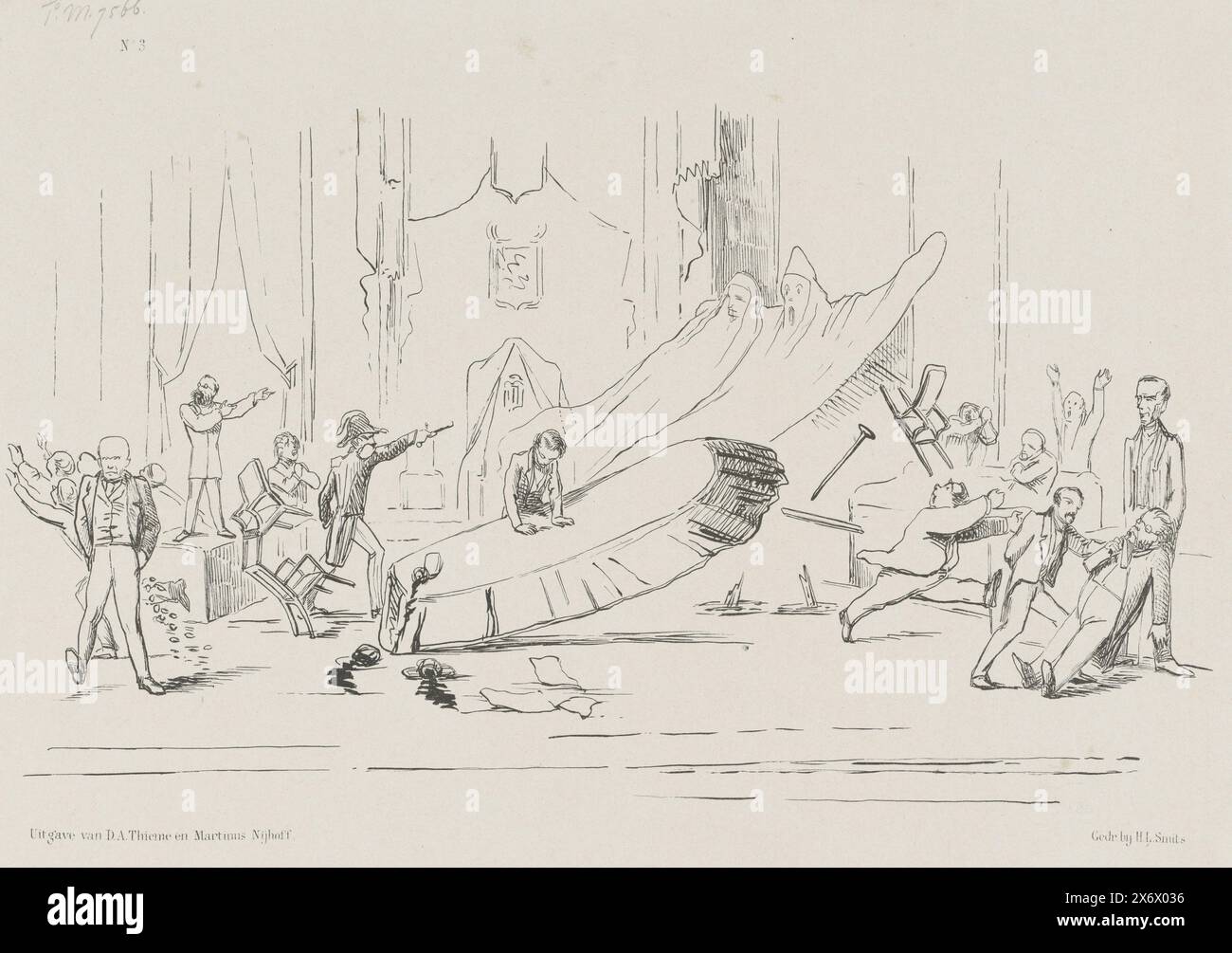 Cartoon mit einem tanzenden Tisch im Repräsentantenhaus, 1861, Eine Sitzung des Repräsentantenhauses, in der das Ministerium, verzweifelt, Hilfe von Spiritismus (Titel auf Objekt) sucht, Cartoon mit einem tanzenden Tisch während einer Sitzung im Repräsentantenhaus. Jr. E.A.O. de Casembroot, der Kriegsminister, feuert eine Waffe auf zwei Geister ab. Platte veröffentlicht im Wochenmagazin de Nederlandsche Spectator, Nr. 3, 13 [19] Januar 1861., Druck, Druckerei: Johan Michaël Schmidt Crans, Drucker: H.L. Smits, (erwähnt auf Objekt), Verlag: Dirk Anthonie Thieme, (erwähnt auf Objekt), Druckerei Stockfoto