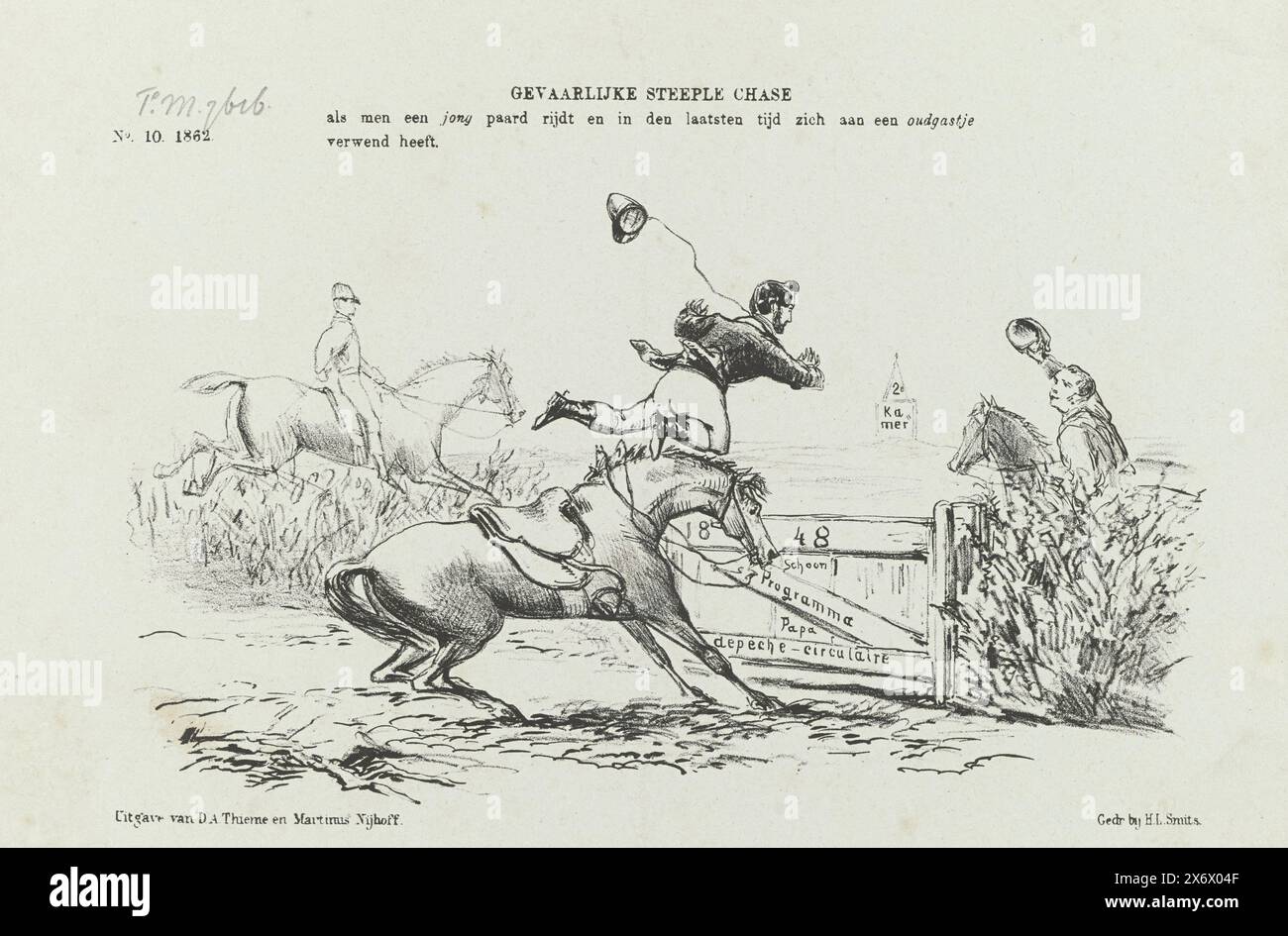 Cartoon über Baron van Zuylen, 1862, Dangerous Tureple Chase (Titel über Objekt), Cartoon über Baron van Zuylen, der von seinem Pferd auf ein Hindernis geworfen wird. Platte veröffentlicht im Wochenmagazin de Nederlandsche Spectator, Nr. 10, 8. März 1862., Druck, Druckerei: Johan Michaël Schmidt Crans, Drucker: H.L. Smits, (erwähnt auf Objekt), Verlag: Dirk Anthonie Thieme, (erwähnt auf Objekt), Druckerei: Niederlande, Drucker: Niederlande, Verlag: Arnhem, Verlag: the Haag, 1862, Papier, Höhe ca. 215 mm x Breite ca. 275 mm Stockfoto