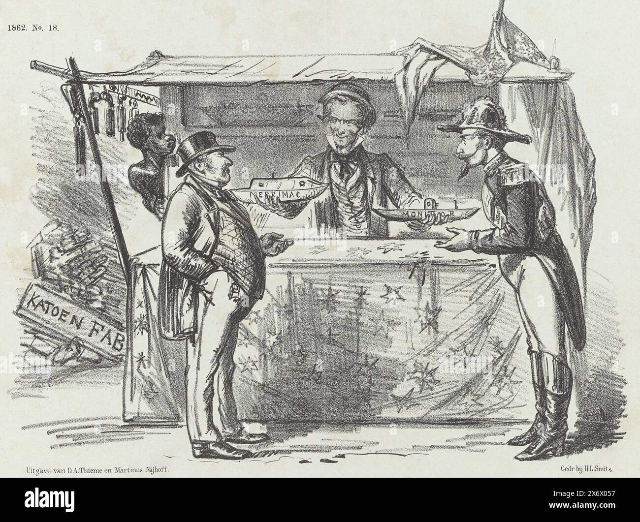 Cartoon auf den neuen amerikanischen Kriegsschiffen, 1862, Cartoon mit John Bull (England) und Kaiser Napoleon III. An einem amerikanischen Stand, wo Baumwolle nicht mehr erhältlich ist, aber die neuen amerikanischen Kriegsschiffe Merrimac und Monitor verfügbar sind. Ein versklavter Mann afrikanischer Herkunft schaut um die Ecke des Stalls. Nach der Rolle dieser Schiffe während der Schlacht von Hampton Roads am 9. März 1862 während des Amerikanischen Bürgerkriegs. Platte veröffentlicht im Wochenmagazin de Nederlandsche Spectator, Nr. 18, 3. Mai 1862., Druck, Druckerei: Johan Michaël Schmidt Crans, Drucker: H.L. Smits, (erwähnt auf Stockfoto