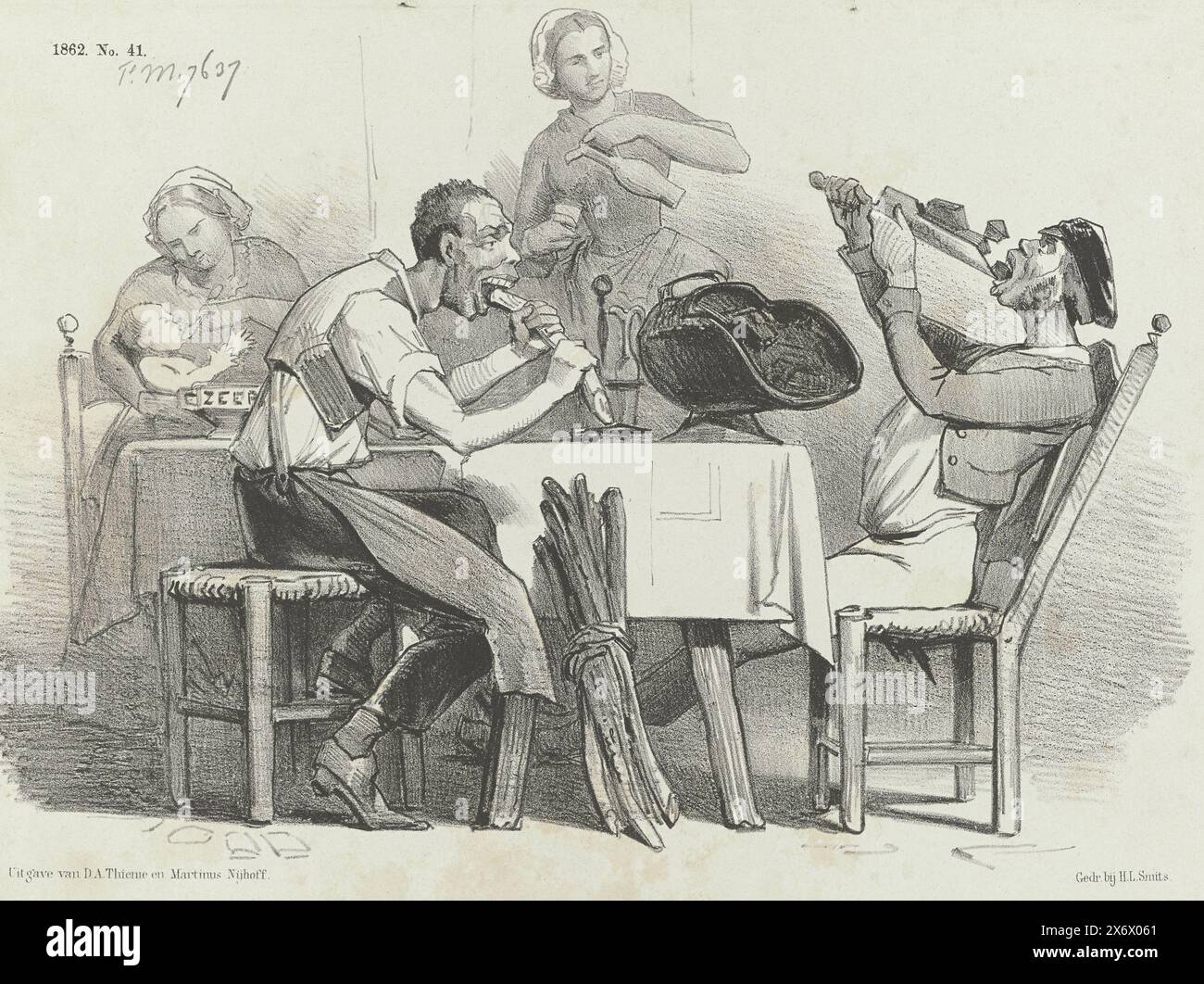 Cartoon on the Abolition of Excise Duty on Treibstoff and Seife, 1862, How the good Community was verwirrt, als der Finanzminister von grundlegenden Notwendigkeiten sprach (Titel on Objects), Cartoon on the Abolition of Excise Duty on Treibstoff and Seife. Eine Familie am Tisch isst Holz, Kohle und Seife. Platte veröffentlicht im Wochenmagazin de Nederlandsche Spectator, Nr. 41, 10. Oktober 1862., Druck, Druckerei: Johan Michaël Schmidt Crans, Drucker: H.L. Smits, (erwähnt auf Objekt), Verlag: Dirk Anthonie Thieme, (erwähnt auf Objekt), Druckerei: Niederlande, Drucker: Niederlande, Verlag: Arnhem Stockfoto