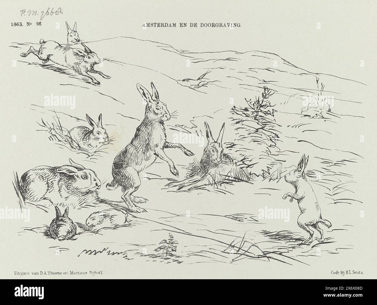 Cartoon on the Fear in Amsterdam während der Ausgrabung von Holland in seiner engsten, 1863, Amsterdam und der Ausgrabung (Titel auf Objekt), Cartoon on the Fear, die in Amsterdam um die Ausgrabung von Holland in seiner engsten. Landschaft mit Kaninchen und Kaninchenlöchern. Platte veröffentlicht im Wochenmagazin de Nederlandsche Spectator, Nr. 26, 27. Juni 1863., Druck, Druckerei: Johan Michaël Schmidt Crans, Drucker: H.L. Smits, (erwähnt auf Objekt), Verlag: Dirk Anthonie Thieme, (erwähnt auf Objekt), Druckerei: Niederlande, Drucker: Niederlande, Verlag: Arnhem, Herausgeber: der Stockfoto