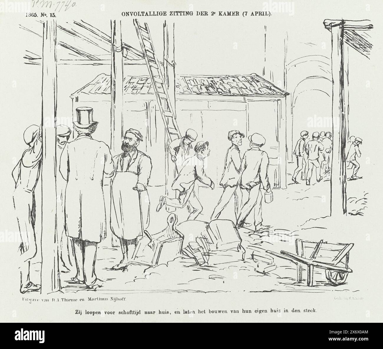 Cartoon über den Entwurf des Palastes der Generalstaaten, 1865, unvollständige Sitzung der 2. Kammer (7. April) (Titel über Objekt), Cartoon über die Osterpause beider Kammern während der Entwurf des neuen Palastes der Generalstaaten diskutiert wird. Arbeiter verlassen die Baustelle. Platte veröffentlicht im Wochenmagazin de Nederlandsche Spectator, Nr. 15. April 1865, Druck, Druckerei: Johan Michaël Schmidt Crans, Drucker: H.L. Smits, (erwähnt auf Objekt), Verlag: Dirk Anthonie Thieme, (erwähnt auf Objekt), Druckerei: Niederlande, Drucker: Niederlande Stockfoto