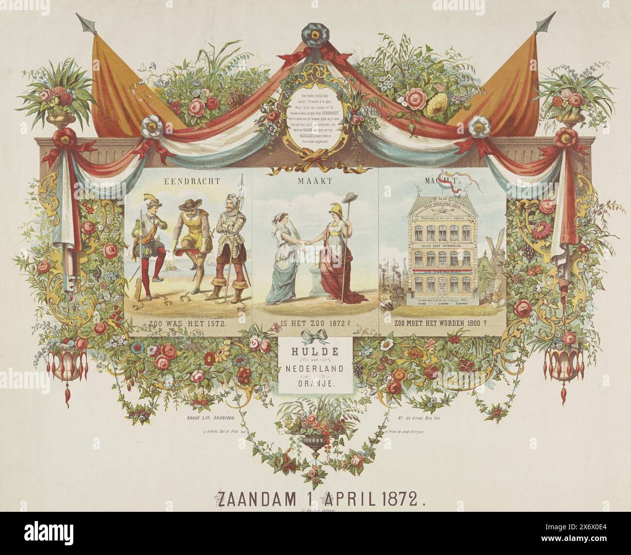 Zaandam 1. April 1872 (Titel auf Objekt), Gedenkbogen für die nationale Feier am 1. April 1872 der 300-jährigen Gefangennahme von den Briel durch die Wasserbettler am 1. April 1572. Drei Chassinetten rund um das Thema „Einheit macht Macht“, die auf das Haus van Remmert de Vries Rev. In Zaandam angewendet werden. Links brechen drei Holländer das spanische Joch (1572), in der Mitte schüttelt die Freiheit die Hand mit der niederländischen Jungfrau (1872) und rechts ein Haus, das 1800 mit Bändern und Inschriften geschmückt war. Viele Blumen und Fahnen um die Szenen herum. Der Ausdruck enthält einen gedruckten Auszug., Print, Print Maker Stockfoto