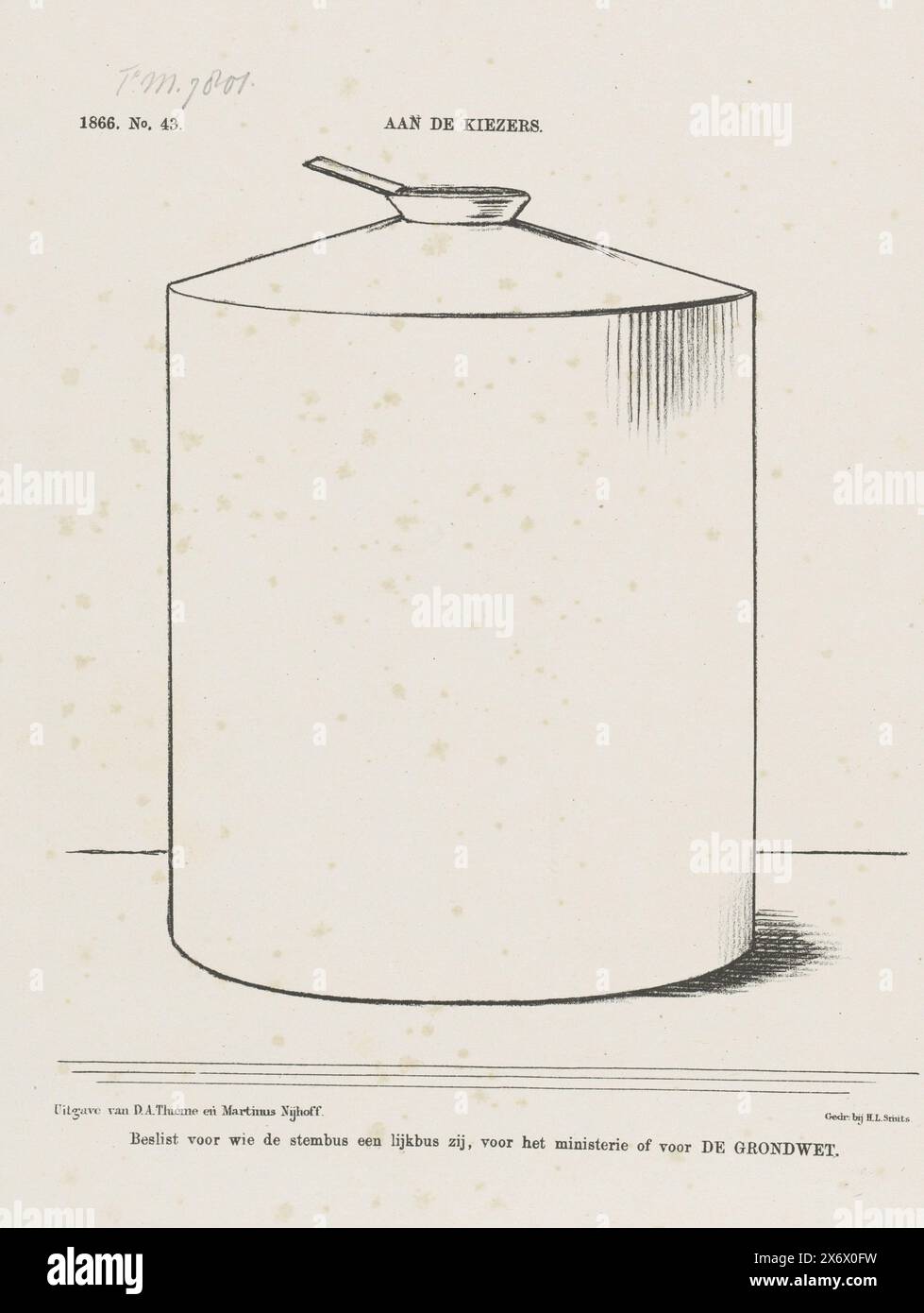 Cartoon mit Wahlurne, 1866, an die Wähler (Titel auf Objekt), Cartoon mit Wahlurne, nach den Neuwahlen nach der Auflösung beider Häuser. Platte veröffentlicht im Wochenmagazin de Nederlandsche Spectator, Nr. 43, 27. Oktober 1866., Druck, Druckerei: Johan Michaël Schmidt Crans, Drucker: H.L. Smits, (erwähnt auf Objekt), Verlag: Dirk Anthonie Thieme, (erwähnt auf Objekt), Druckerei: Niederlande, Drucker: Niederlande, Verlag: Arnhem, Verlag: the Haag, 1866, Papier, Höhe ca. 275 mm x Breite ca. 215 mm Stockfoto