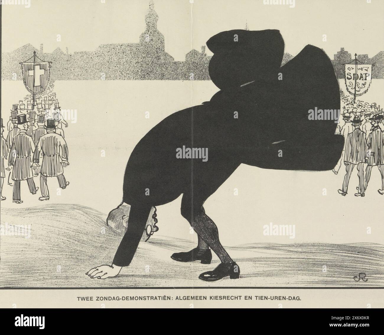 Cartoon zu zwei politischen Themen, 1910, Straußenpolitik, zwei Sonntagsdemonstrationen: Das allgemeine Wahlrecht und der zehnstündige Tag (Titel auf Objekt), Cartoon zu zwei politischen Themen: Das allgemeine Wahlrecht und der zehnstündige Arbeitstag. Ein Politiker steckt seinen Kopf in den Sand, im Hintergrund zwei politische Demonstrationen der christlichen Parteien und der SDAP. Veröffentlicht als Addendum zum Nieuwe Amsterdammer vom 7. Oktober 1910, Nr. 4., Druck, Druckerei: Unbekannt, (auf dem Objekt genannt), Niederlande, 7-Okt-1910, Papier, Höhe, 310 mm x Breite, 430 mm Stockfoto