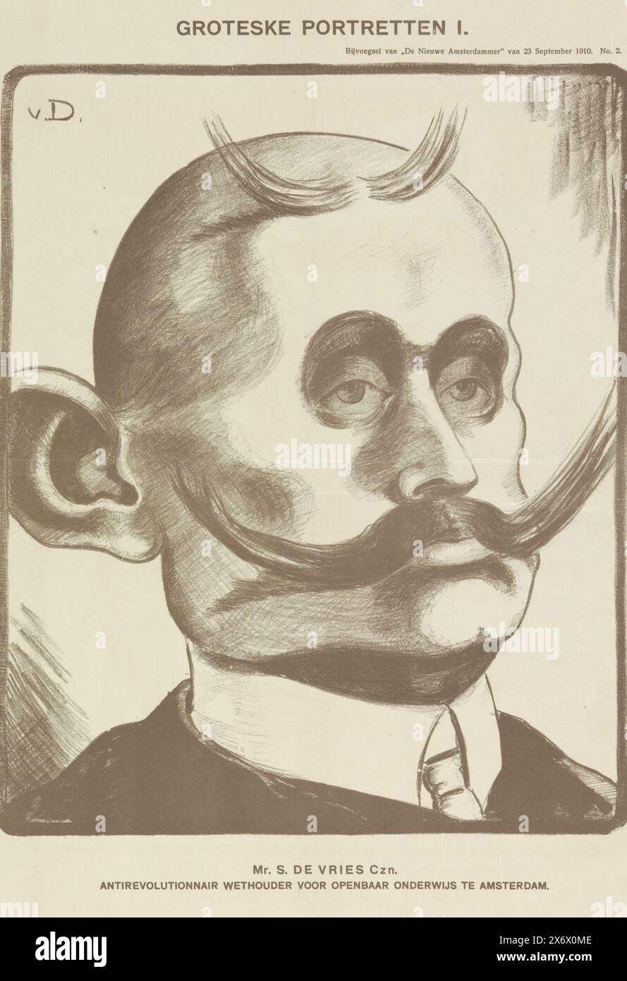 Karikatur von Herrn S. de Vries CZN., anti-revolutionärer Rat für öffentliche Bildung in Amsterdam, 1910, Groteske Portraits I (Titel auf Objekt), Karikatur von Herrn S. de Vries CZN., anti-revolutionärer Rat für öffentliche Bildung in Amsterdam, 1910. Veröffentlicht als Addendum zum Nieuwe Amsterdammer vom 23. September 1910, Nr. 2., Druck, Druckerei: Theo van Doesburg, (auf dem Gegenstand erwähnt), Drucker: Stoomsteendrukkkerij Senefelder, (auf dem Gegenstand erwähnt), Druckerei: Niederlande, Drucker: Amsterdam, 23. September 1910, Papier, Höhe, 424 mm x Breite, 312 mm Stockfoto