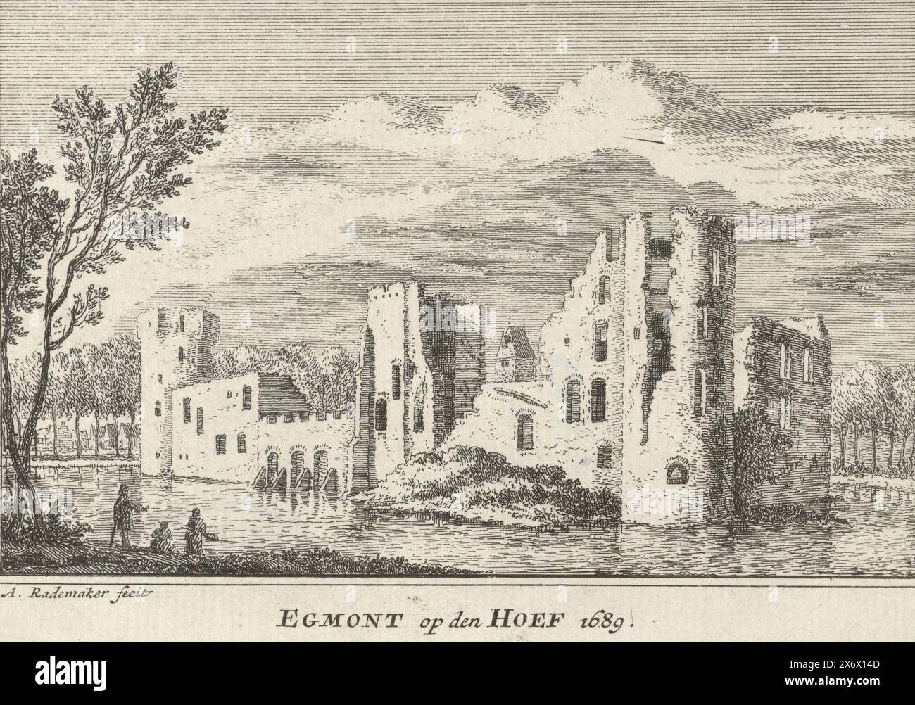 Ansicht der Ruinen von Egmond Castle, 1689, Egmont op den Hoef 1689 (Titel auf Objekt), Ansicht der Ruinen von Egmond Castle, auch Slot op den Hoef genannt, in Egmond aan den Hoef, in der Situation um 1689. Die Ruine ist von Südosten aus zu sehen. Einige Figuren am Rand des Grabens., Druck, Druckerei: Abraham Rademaker, (auf dem Objekt erwähnt), Verlag: Willem Barents, Verlag: Antoni Schoonenburg, Amsterdam, 1727 - 1733, Papier, Ätzen, Höhe, 80 mm x Breite, 115 mm Stockfoto