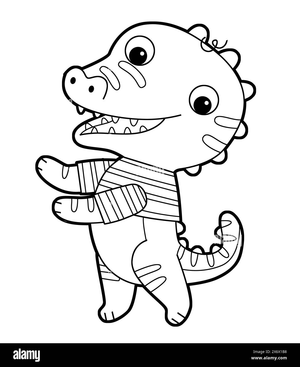 Zeichentrickszene mit fröhlichem lustigen Dinosaurier-Dino-Eidechsen-Drachen-Kind, das Spaß beim Spielen im Kindergarten hat, isolierte Hintergroind-Schwarzweiß-Illustratio Stockfoto