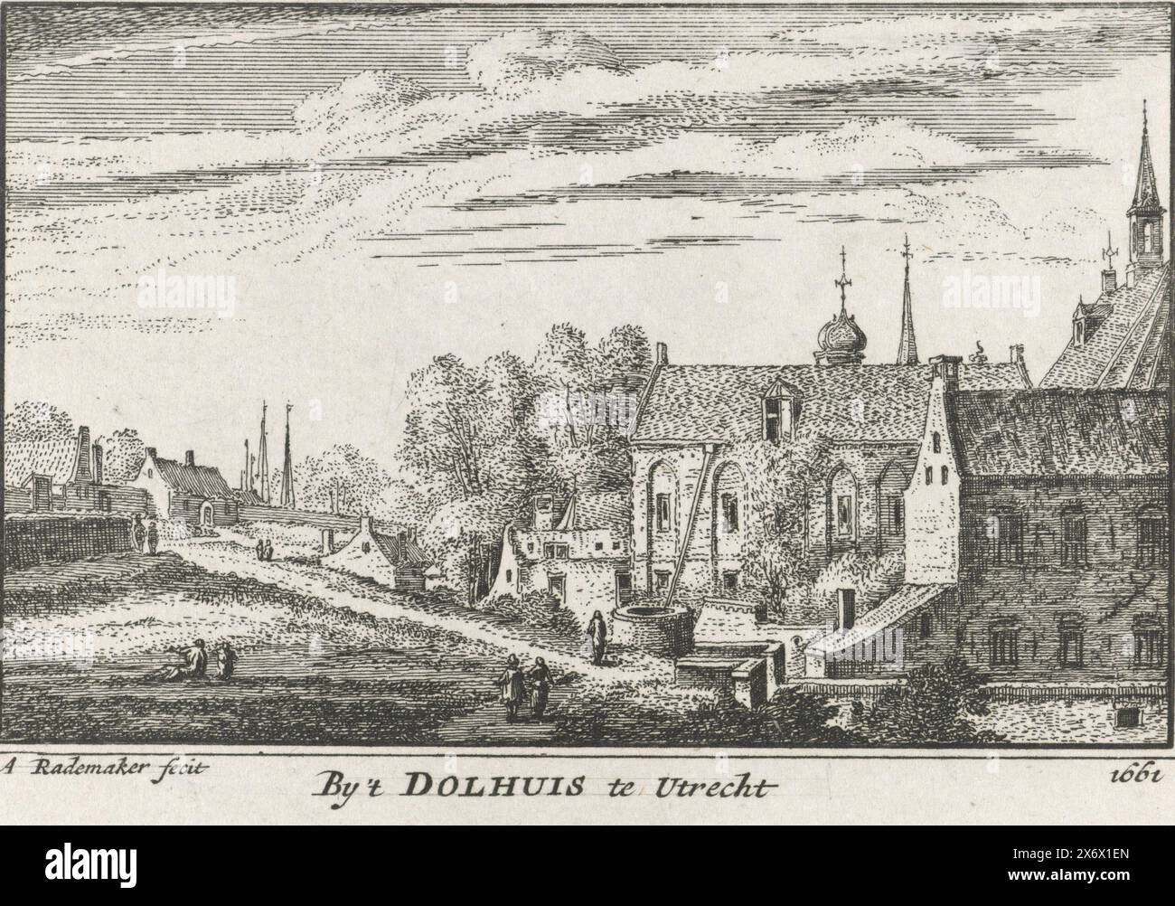 Blick auf die Stadtmauer in der Nähe des Irrenhauses und des St. Agnietenklooster in Utrecht, 1661, von 't Dolhuis te Utrecht 1661 (Titel auf Objekt), Blick von der Stadtmauer des Irrenhauses und des St. Agnietenklooster in Utrecht mit dem Innenhof, in der Situation um 1661. Im Vordergrund einige Figuren., Druck, Druckerei: Abraham Rademaker, Verlag: Willem Barents, Verlag: Antoni Schoonenburg, Amsterdam, 1727 - 1733, Papier, Ätzen, Gravieren, Höhe, 80 mm x Breite, 115 mm Stockfoto