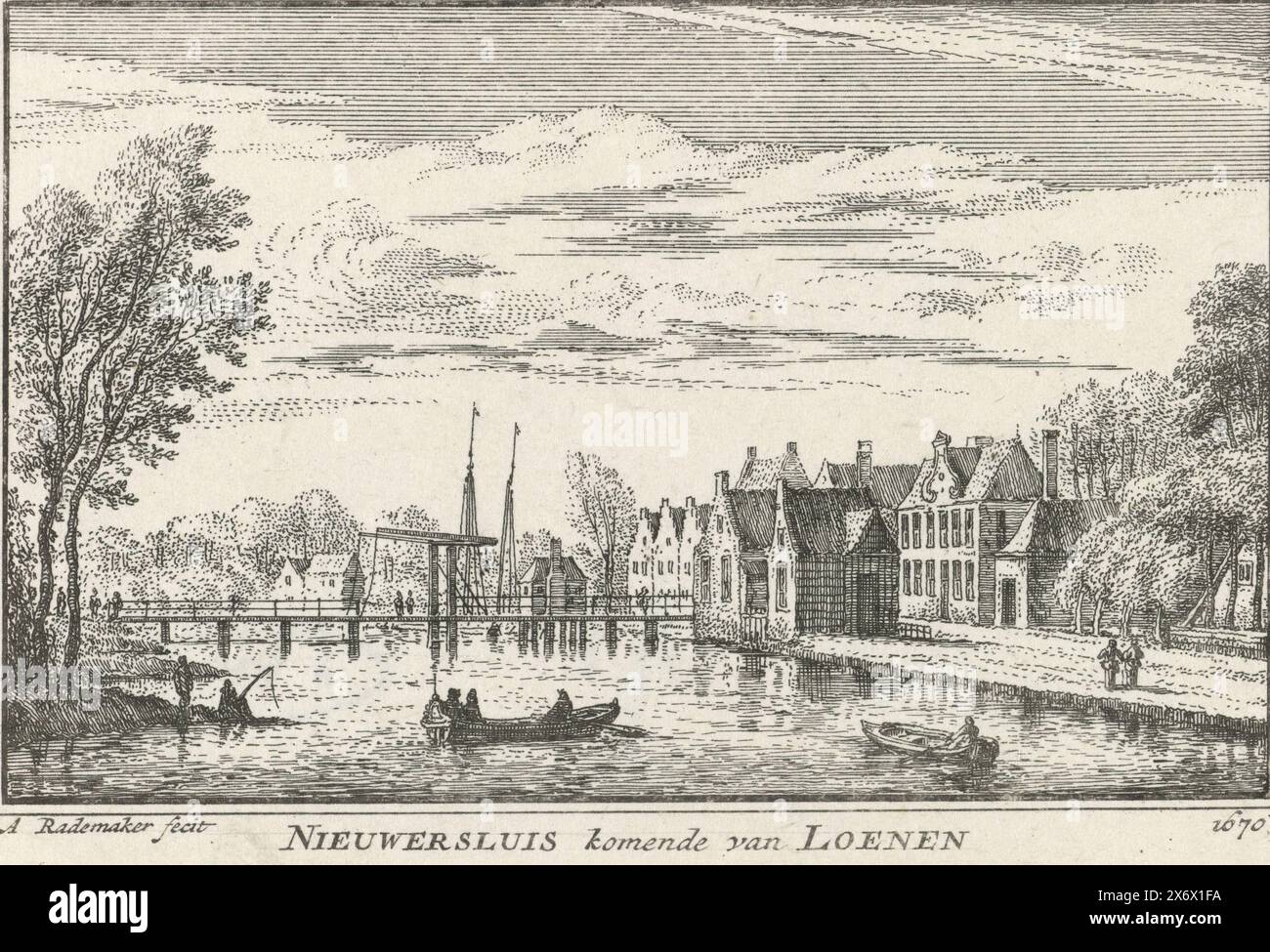 Ansicht Nieuwersluis, 1670, Nieuwersluis aus Loenen 1670 (Titel auf Objekt), Ansicht des Dorfes Nieuwersluis mit der Zugbrücke im Hintergrund, in der Situation um 1670. Im Vordergrund zwei Boote mit Figuren., Druck, Druckerei: Abraham Rademaker, (auf dem Objekt erwähnt), Verlag: Willem Barents, Verlag: Antoni Schoonenburg, Amsterdam, 1727 - 1733, Papier, Ätzen, Höhe, 80 mm x Breite, 115 mm Stockfoto