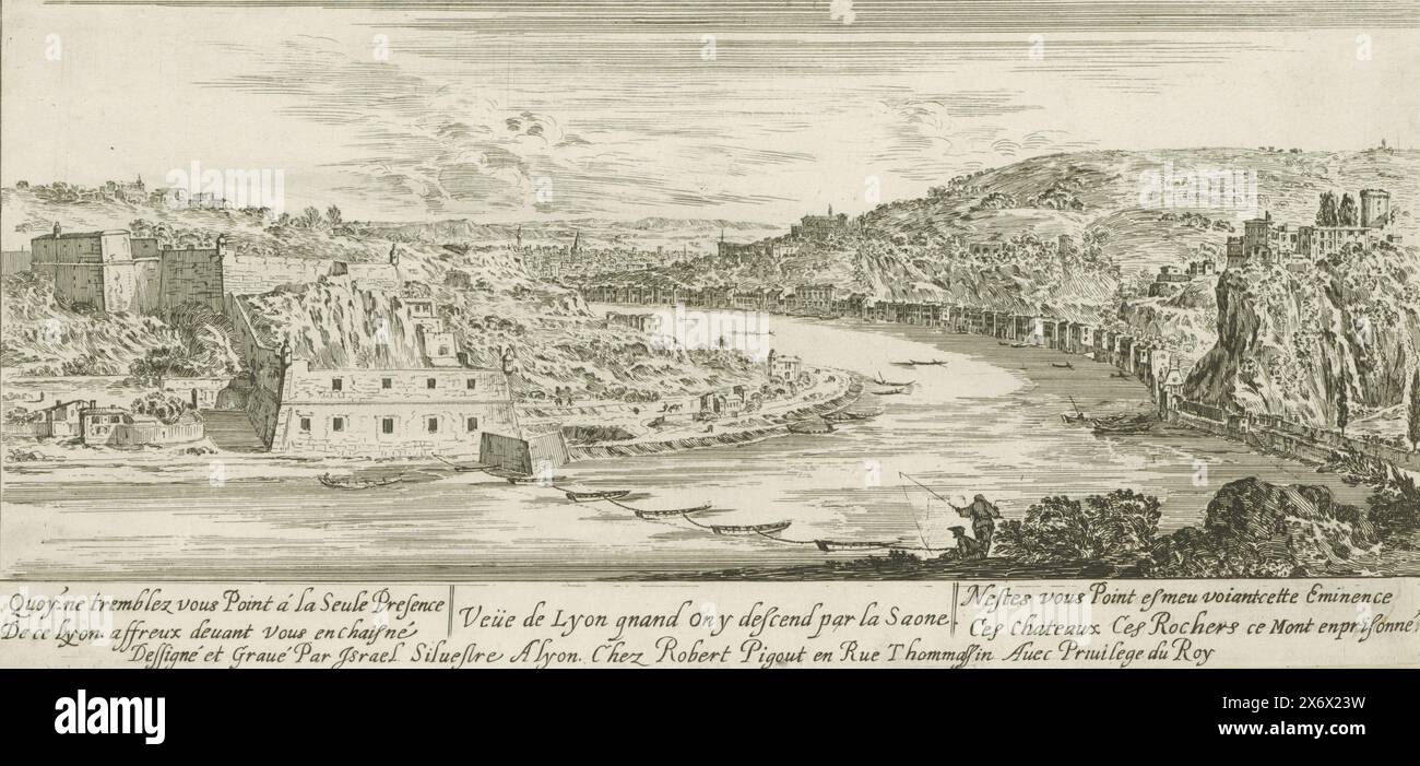 Ansicht von Lyon in einer Biegung der Saône, Avenue de Lyon Quand on y descend par la Saone (Titel auf Objekt), Druck, Druckerei: Israël Silvestre, (auf Objekt erwähnt), Herausgeber: Robert Pigout, (auf Objekt erwähnt), Lodewijk XIV (koning van Frankrijk), (auf Objekt erwähnt), Druckerei: Lyon, Frankreich, 1631 - 1691, Papier, Ätzen, Gravieren, Höhe, 169 mm x Breite, 360 mm Stockfoto