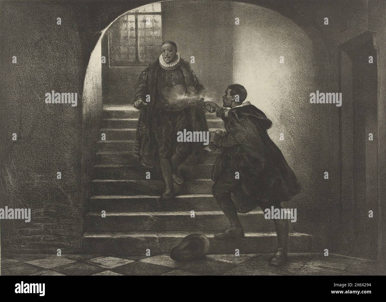 Mord an dem Prinzen von Orange, 1584, sein letztes Gebet war seinem Volk gewidmet. (Titel zum Objekt), der Prinz von Orange ermordet in Delft von Balthasar Gerards, 10. Juli 1584. Der Prinz wird auf der Treppe von Balthasar Gerards erschossen., Druck, Druckerei: Jan Mesker, (auf dem Objekt erwähnt), Drucker: Emrik & Binger, (auf dem Objekt erwähnt), Niederlande, 1853 - 1890, Papier, Höhe, 468 mm x Breite, 605 mm Stockfoto