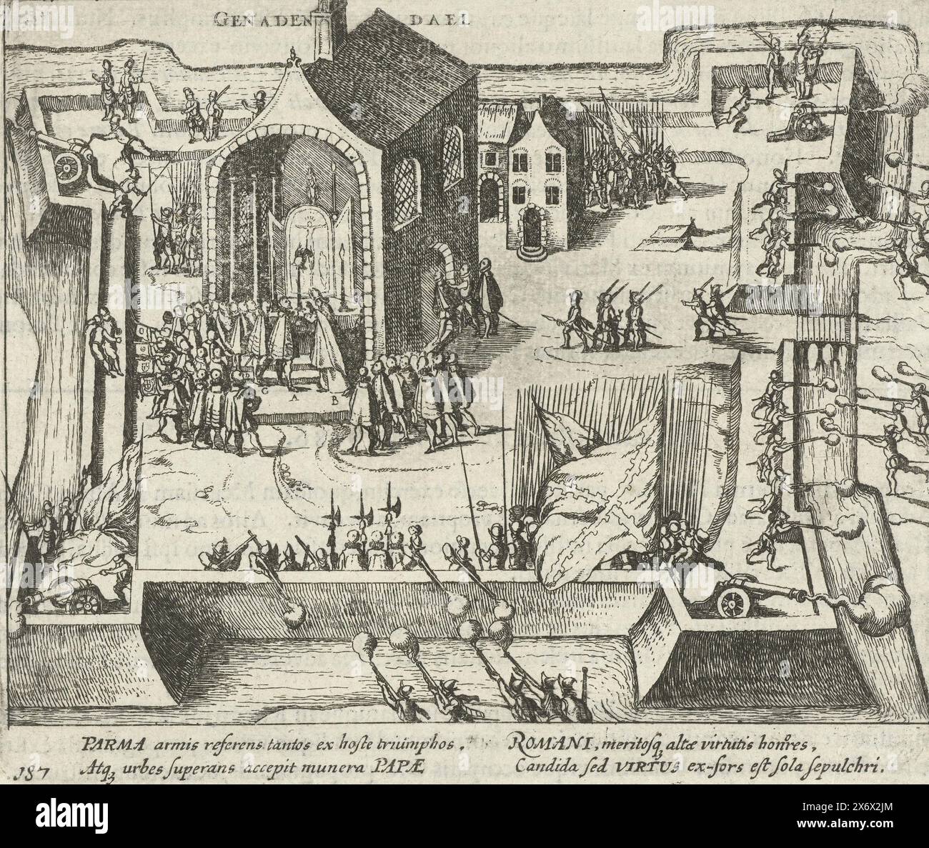Parma und der päpstliche Gesandte in Gnadental, 1586, wird der Herzog von Parma vom päpstlichen Gesandten für seine Verdienste gepriesen, Szene in einer Kirche in Gnadental bei Neuss, 1. August 1586. Episode aus dem Kölner Krieg. Mit 4 Zeilen in lateinischer Sprache. Nummeriert 187. Auf der Rückseite mit lateinischem Text gedruckt., Druck, Druckerei: Anonym, nach Druck von: Frans Hogenberg, Nordholland, 1613 - 1615, Papier, Radierung, Höhe, 135 mm x Breite, 160 mm Stockfoto