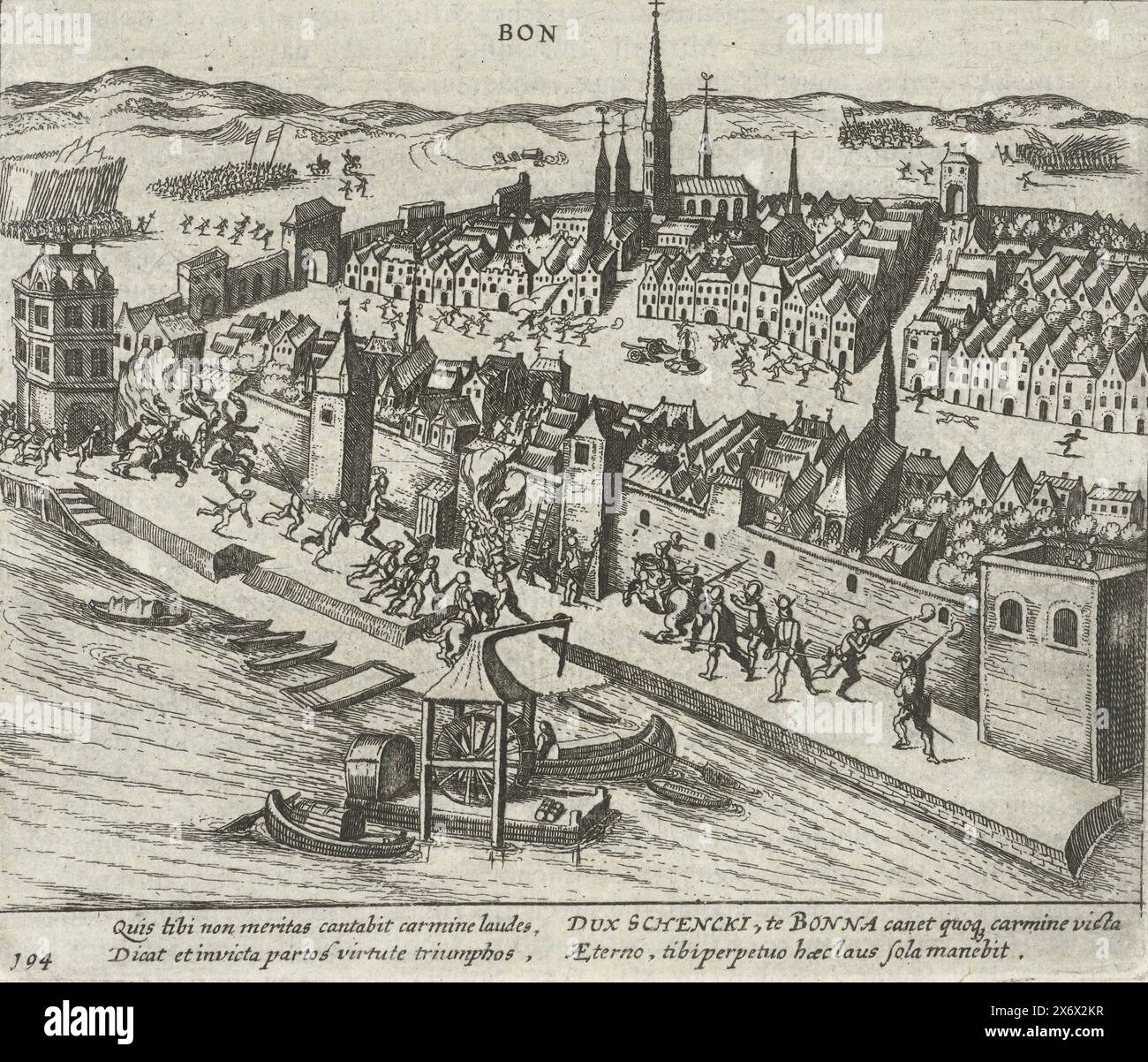 Bonn gewann Schenck für Truchsess 1587, Bonn gewann Schenck für Truchsess 23. Dezember 1587. Episode aus dem Kölner Krieg. Mit 4 Zeilen in lateinischer Sprache. Nummeriert 194. Auf der Rückseite mit lateinischem Text gedruckt., Druck, Druckerei: Anonym, nach Druck von: Frans Hogenberg, Nordholland, 1613 - 1615, Papier, Radierung, Höhe, 133 mm x Breite, 160 mm Stockfoto