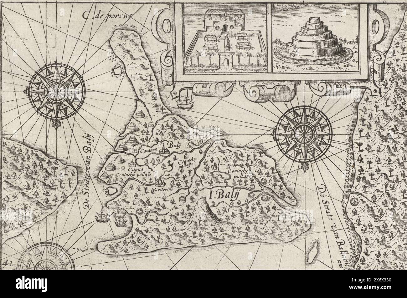 Karte von Bali, 1597, Karte der Insel Bali, Februar 1597. Oben eine Kartusche mit zwei Gebäuden: Links ein Gebäude mit ummauertem Garten, rechts eine Stupa. Es gehört nicht zu den Originalillustrationen im Reisebericht von Cornelis de Houtmans erstem Schipvaert auf Ostindien in den Jahren 1595–1597. Nr. 41., Druck, Druckerei: Anonym, Nordholland, 1646, Papier, Gravur, Höhe ca. 145 mm x Breite ca. 220 mm Stockfoto
