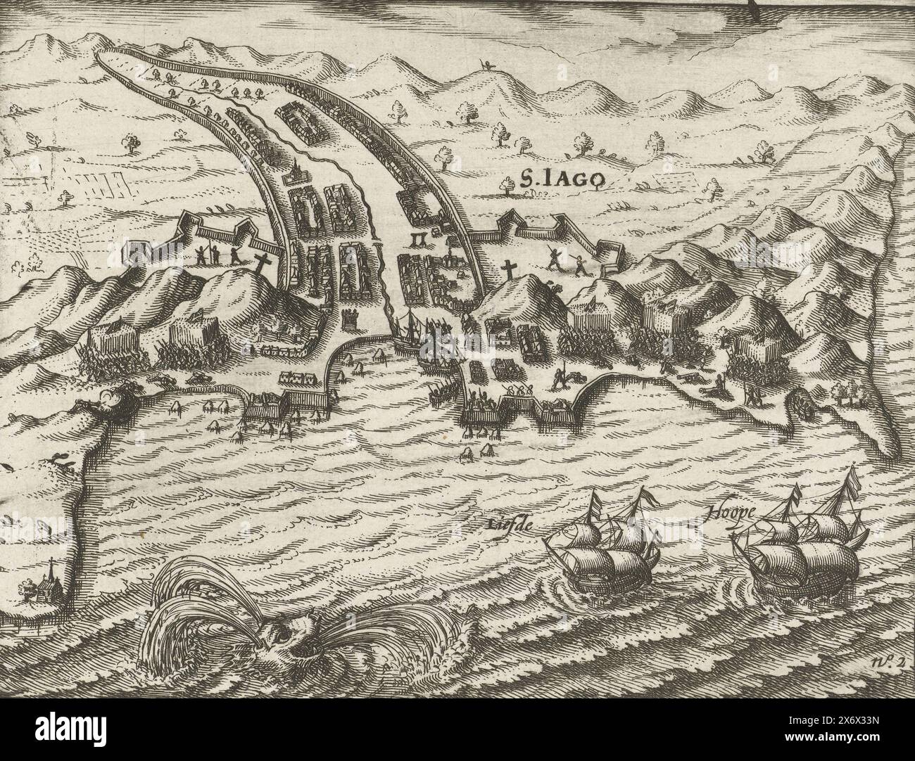 Kampf mit den Portugiesen bei Sao Tiago, 1598, Kampf mit den Portugiesen bei Sao Tiago auf den Kapverdischen Inseln, 6. September 1598. Die Schiffe de Liefde und de Hoop liegen vor der Küste. Kopien der Originalillustrationen in der Darstellung der Reise durch die Magalhaes-Straße nach Ostindien von Sebald de Weert unter Mahu und de Cordes in den Jahren 1598–1600. Nr. 2., Druck, Druckerei: Anonym, nach Druck von: Anonym, nach Zeichnung von: Barent Jansz. Potgieter, Nord-Niederlande, 1617 - 1619, Papier, Ätzen, Gravur, Höhe, 139 mm x Breite, 181 mm Stockfoto