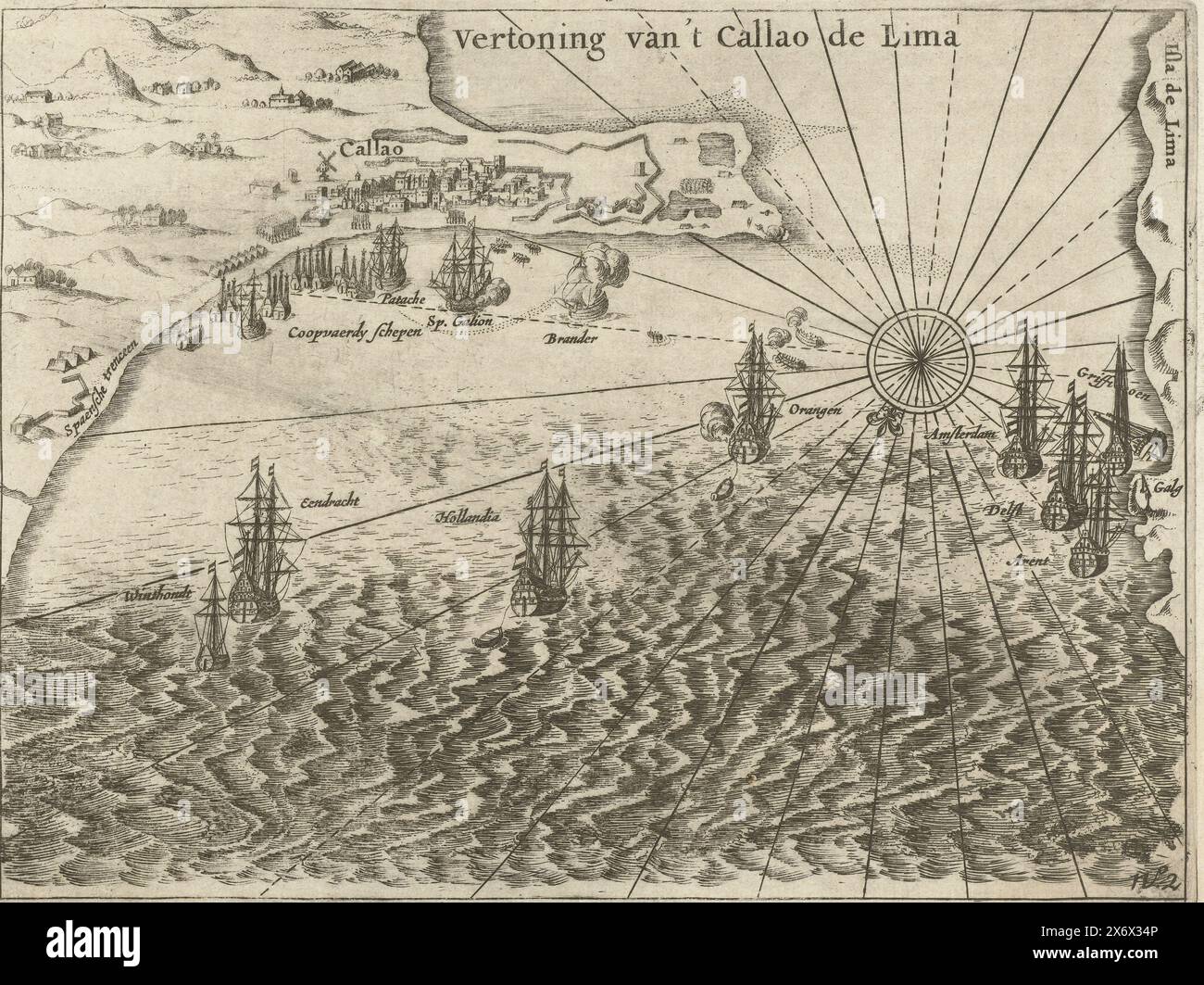 Die Flotte vor Anker in Callao, 1624, Ausstellung von 't Callao de Lima (Titel auf Objekt), die Flotte vor Anker in Callao bei Lima in Peru, Mai-Juni 1624. Spanische Handelsschiffe im Hafen. Teil der Illustrationen im Bericht über die Weltreise der Nassau-Flotte unter Jacques l'Hermiet, 1623-1626, Nr. 2., Druck, Druckerei: Anonym, nach dem Druck von: Anonym, Nordholland, 1644 - 1646, Papier, Ätzen, Gravur, Höhe ca. 160 mm x Breite ca. 210 mm Stockfoto