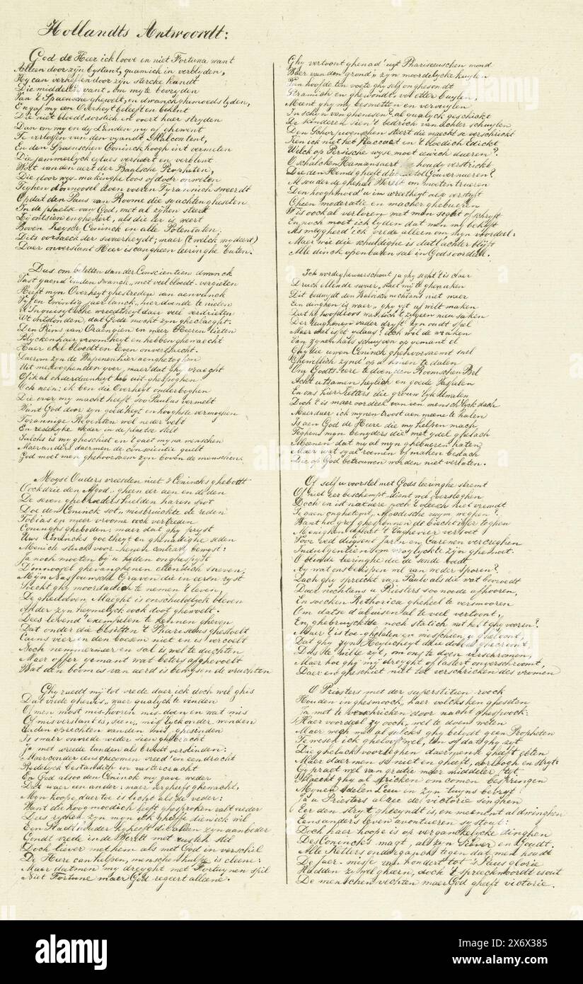 Transkription der Verse in eine politische Allegorie von 1598, Hollandts Answers (Titel auf Objekt), Transkription der Verse in eine antispanische politische Allegorie von 1598. Manuskript von acht Versen in zwei Spalten in Niederländisch., Druck, anonym, Nordholland, 1800 - 1899, Papier, Stift, Höhe, 333 mm x Breite, 244 mm Stockfoto