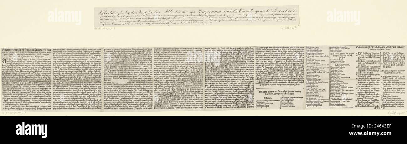 Deutsches Textblatt zur Schlacht bei Nieuwpoort kombiniert mit Porträts von Albrecht und Isabella mit Mendoza und Maurits und Frederik Hendrik zu Pferd vor dem Schlachtfeld, 1600, Kurtze erzelung deß Zugs in Flanderen von Ihrer Excell. Beispiel der Herren der Staaten und ihrer Armee in New York. Neben den großen Schlacht und auch Victoria, die Gott ihrer Excell.den 2. Julio Anno 1600. Verlihenhut (Titel auf Objekt), deutsches Textblatt zur Darstellung der Schlacht von Nieuwpoort, kombiniert mit Porträts von Albrecht und Isabella mit Mendoza und Maurits und Frederik Stockfoto