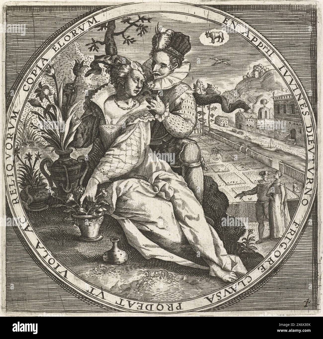 Der Monat April, Paar im Garten, ca. 1600, die zwölf Monate des Jahres dargestellt in Szenen aus dem populären Leben (Serientitel), schemata Objekt), Runde Darstellung mit dem Monat April. Ein elegantes, liebevolles Paar, das zwischen Blumen in einem Garten sitzt, ca. 1600. Mit dem Zeichen des Stiers. Mit Kantenschrift in lateinischer Sprache. Drucknr 4 in der Serie der zwölf Monate des Jahres dargestellt in Szenen aus dem populären Leben., Druck, Druckerei: Anonym, nach Druck von: Crispijn van de Passe (I), nach Entwurf von: Maerten de Vos, Niederlande, 1600 - 1649 und/oder 1650 - 1675, Papier, Gravur, Höhe Stockfoto