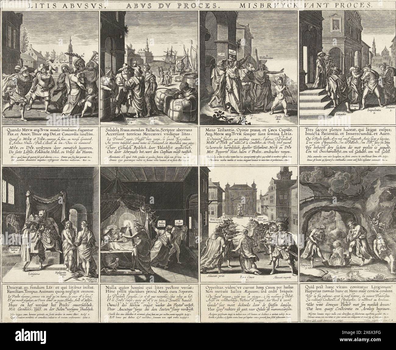 Allegories on the Misshandlung of Litigation, ca. 1600, litis Abusus, Abus du Proces, Misbruyck va't Proces (Titel zum Objekt), Blatt mit acht Darstellungen mit Allegorien über den Missbrauch des Verfahrensrechts und die negativen Folgen des ständigen Rechtsstreits, ca. 1600. Jede Aufführung mit insgesamt 8 Zeilen: 2 auf Latein, 2 auf Französisch, 2 auf Niederländisch und 2 auf Latein. Kopie nach der Serie von 8 Platten von Goltzius von 1597., Druck, Druckerei: Anonym, nach Druck von: Hendrick Goltzius, Verlag: Theodoor Galle, (auf dem Objekt erwähnt), Druckerei: Niedere Länder, Verlag: Antwerpen Stockfoto