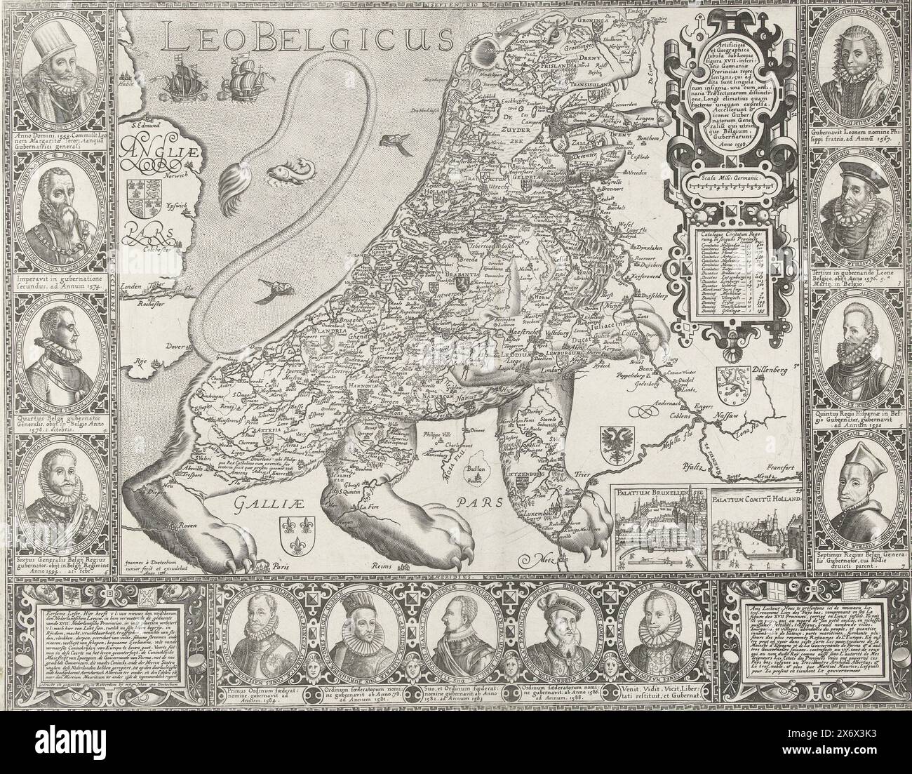 Karte der Niederlande in Form des niederländischen Löwen, 1598, Leo Belgicus (Titel auf Objekt), Karte der nördlichen und südlichen Niederlande in Form des niederländischen Löwen, 1598. Mit Einsätzen mit Blick auf den Palast in Brüssel und den Binnenhof in den Haag. Im Rahmen auf beiden Seiten Porträts von Philipp II. Und sieben Gouverneuren von Margarete von Parma bis Albrecht. Am unteren Ende befinden sich fünf Porträts von Wilhelm von Orange und den Gouverneuren, die von den Generalstaaten ab 1579 ernannt wurden. Oben rechts eine Kartusche mit Schriftrolle mit lateinischer Inschrift, unten links Inschrift Stockfoto