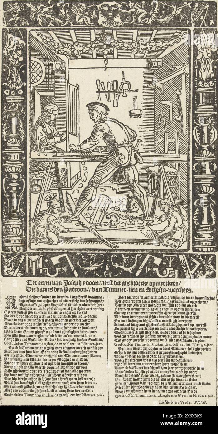 Neujahrsabdruck der Tischlerzunft in Haarlem, ca. 1600, Neujahrsabdruck der Tischlerzunft oder der St.-Josef-Zunft in Haarlem, ca. 1600. Joseph in seiner Tischlerei spielen das Christkind und Johannes der Täufer auf dem Boden, Maria auf der linken Seite. Darstellung im Rahmen mit Putten mit den Wappen von Habsburg und Haarlem, Schreinerattributen und Ornamenten. Unten der Neujahrsgruß in 4 Versen mit je 13 Zeilen in 2 Spalten, signiert mit dem Motto Love Breeds Peace., Print, Print Maker: Anonym, Print Maker: Jacob Cornelisz van Oostsanen, (möglicherweise Stockfoto