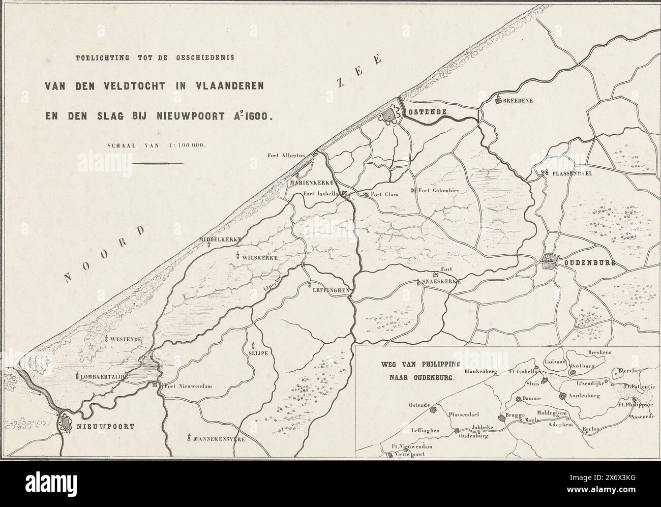 Karte der Westküste Flanders zwischen Ostende und Nieuwpoort, 1600, Erklärung der Geschichte des Feldzugs in Flandern und der Schlacht von Nieuwpoort Ao. 1600 (Titel auf Objekt), Karte der Westküste Flanders zwischen Ostende und Nieuwpoort, Darstellung der Reise der niederländischen Armee nach Ostende unter Maurice, 19.-27. Juni 1600. Mit Einfügung mit Karte der Straße von Philippine nach Oudenburg ., Druck, Druckerei: Anonym, Nordholland, 1832 - 1856, Papier, Höhe, 243 mm x Breite, 350 mm Stockfoto