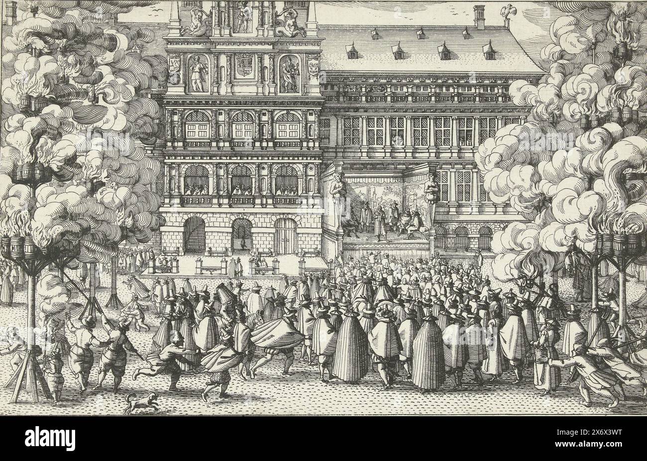 Erklärung des Waffenstillstands vor dem Rathaus von Antwerpen, 1609, die Erklärung des Waffenstillstands. Der am 9. April in den Haag geschlossene Frieden wird bekannt gegeben und der Öffentlichkeit auf dem Groten Markt von einem Podium vor der Fassade des Antwerpener Rathauses am 14. April 1609 vorgelesen. Linkes und rechtes Gerüst mit brennenden Pitchfässern. Ohne den Text unter der Platte., Druck, Druckerei: Claes Jansz. Visscher (II), (zum Gegenstand erwähnt), Amsterdam, 1609, Papier, Ätzen, Höhe, 180 mm x Breite, 281 mm Stockfoto