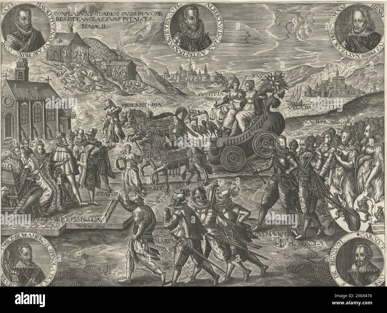 Allegory of the Truce and the union of the Parties, 1609, Allegory of the Peace Achieved with the Truce, 1609. Auf der linken Seite, Erzherzog Albrecht und Isabella, Jan Neyen und Vertreter der Generalstaaten. Auf der rechten Seite führen Maurits und Spinola gemeinsam die Prozession aller 17 Provinzjungfrauen an. In der Mitte der Siegeswagen des Friedens (Pax), begleitet von Gerechtigkeit (Justitia), Barmherzigkeit (Misericordia) und Wahrheit (Veritas), im Vordergrund wird der Kriegsgott Mars in Handschellen weggeführt. Im Hintergrund das Schlagen von Schwertern zu Pflugscharen. Über drei Medaillons mit Porträts von Stockfoto