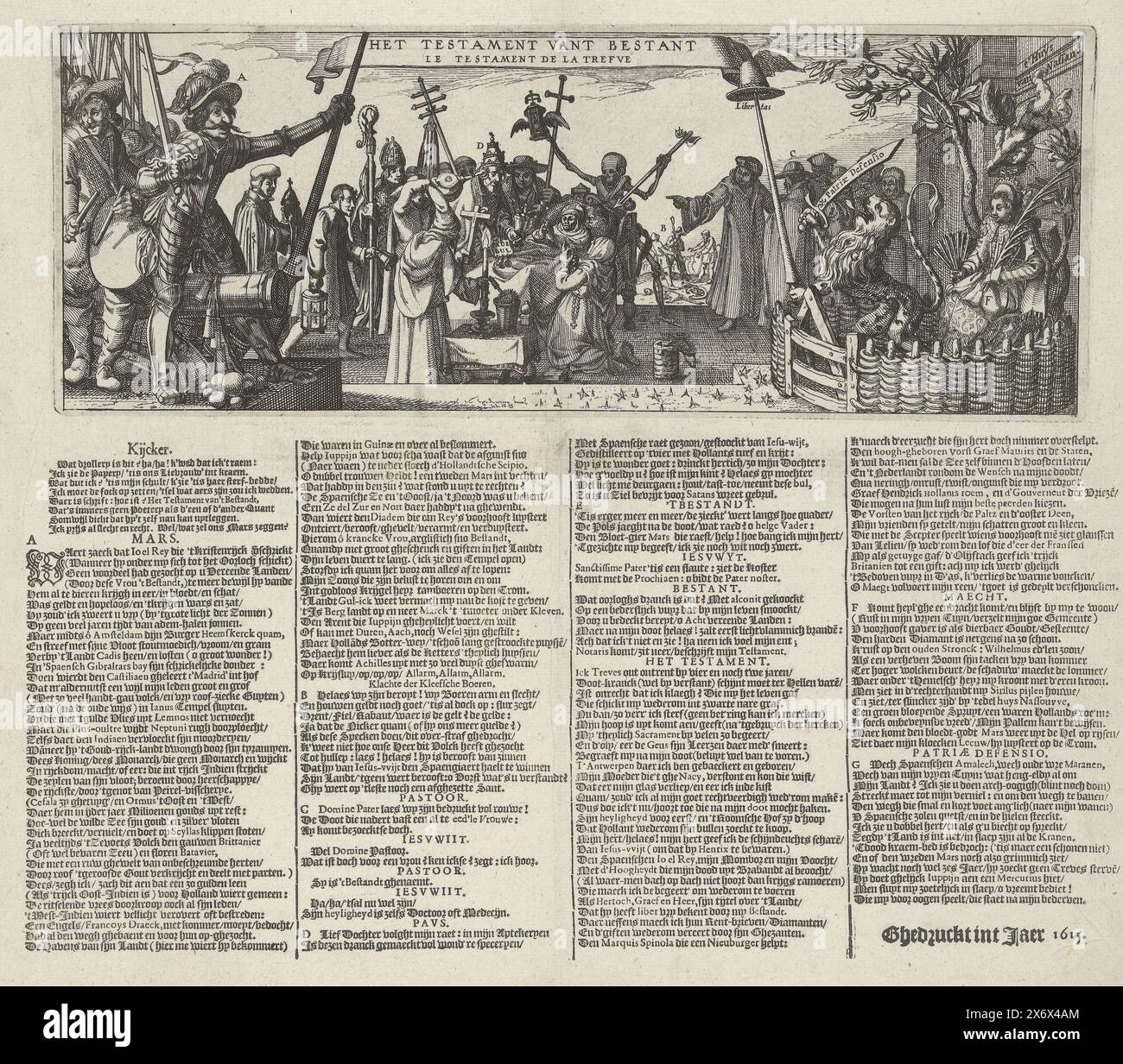The Testament of the Twelve Years' Truce, 1615, The Testament vant bestant, Le Testament de la Trefve (Titel über Objekt), politische Allegorie über das bevorstehende Ende des Twelve Years' Truce, 1615. Der Waffenstillstand, eine alte Frau, liegt in ihrem Sterbebett umgeben von dem Papst und anderen römischen Geistlichen, die um ihr Leben bettelten. Sie macht sie zum Willen. Hinter ihr ist der Tod mit Sanduhr und Todespfeil bereit. Rechts der niederländische Löwe und die niederländische Jungfrau im niederländischen Garten, der gegen das Haus Nassau errichtet wurde. Links steht der gepanzerte spanische Soldat Mars auf einem Kanonenrohr. Die Stockfoto
