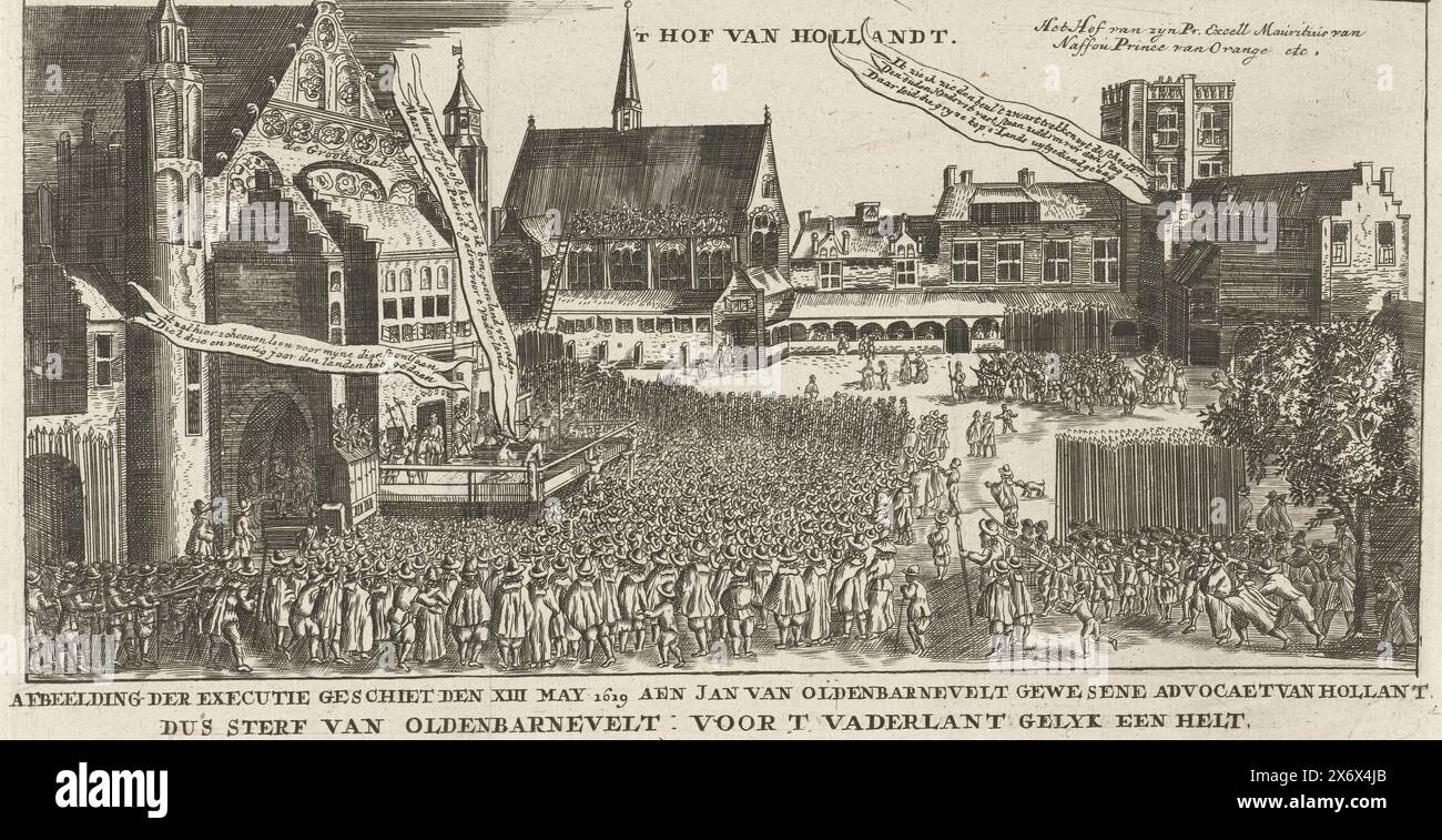 Die Enthauptung von Johan van Oldenbarnevelt, 1619, Bild der Hinrichtung, erschossen am 13. Mai 1619 an Jan van Oldenbarnevelt, einen Anwalt von Hollant, so sterben von Oldenbarnevelt: für das Vaterland gleich eine Hölle (Titel auf Objekt), die Enthauptung von Johan van Oldenbarnevelt auf dem Binnenhof in den Haag am 13. Mai 1619. Blick auf den Platz mit allen umliegenden Gebäuden und der versammelten Öffentlichkeit. Im Turm oben rechts befindet sich der Hof von Prinz Maurits. In der Performance drei Banderolen mit Aussagen von Van Oldenbarnevelt und Prinz Maurits., Druck, Druckerei: Anonym, nach Druck von Stockfoto